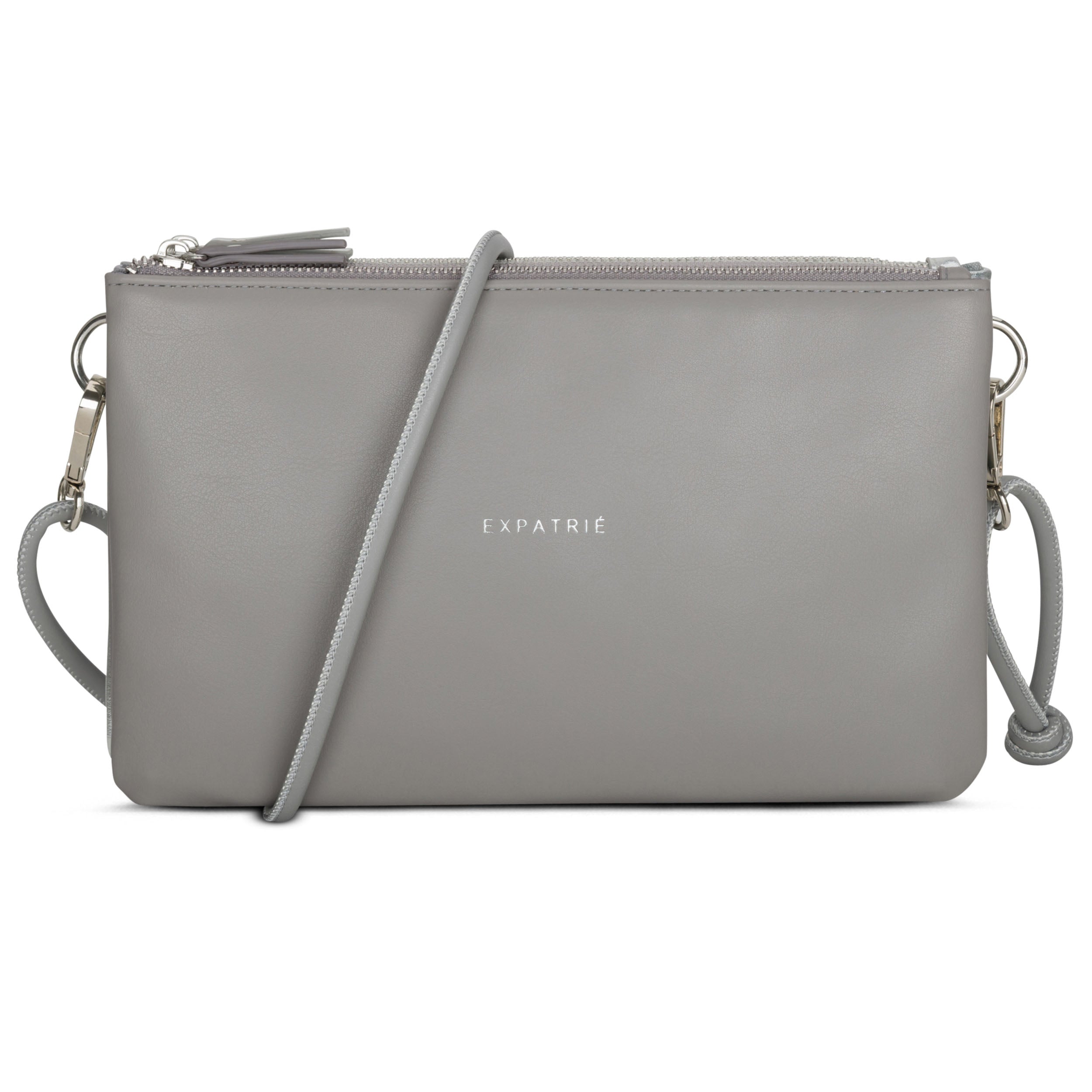 Silber-graue Clutch Emilie von Expatrié mit Reißverschluss und Umhängegurt