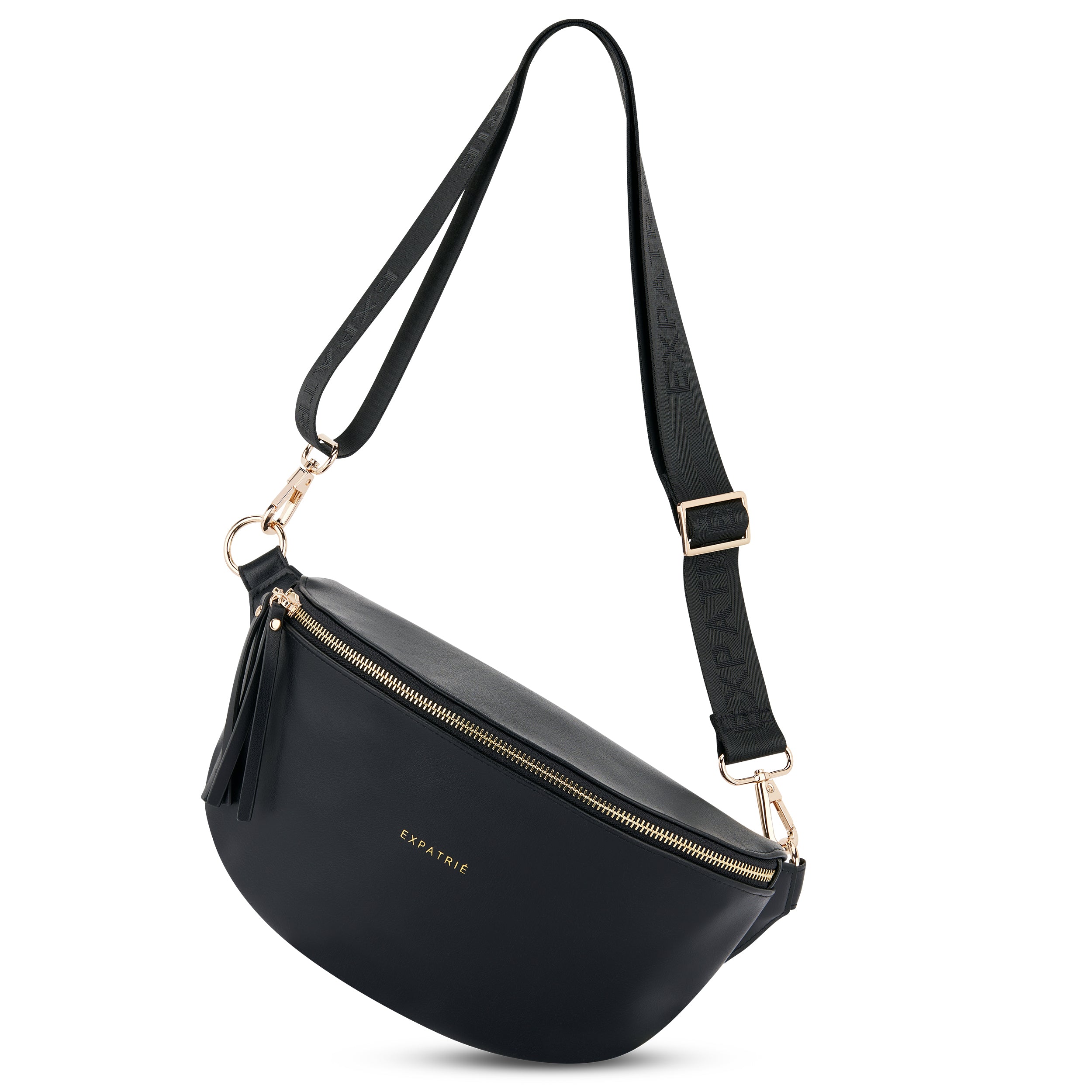 Schwarze Damen-Bauchtasche Alice Medium von Expatrié mit goldfarbener Reißverschluss und verstellbarem Schulterriemen