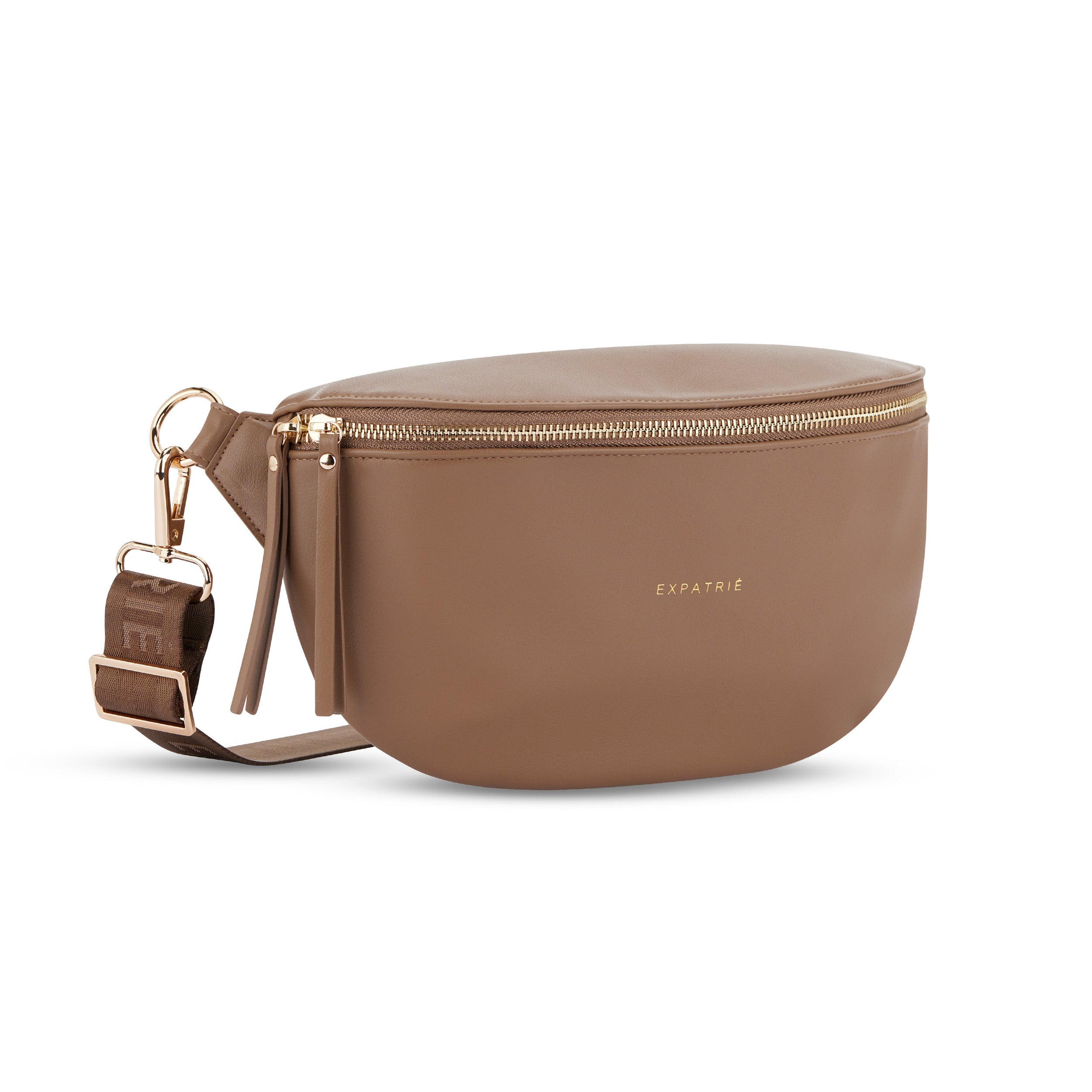 Expatrié Damen Bauchtasche Alice Medium in braun mit goldfarbenem Reißverschluss und verstellbarem Gurt