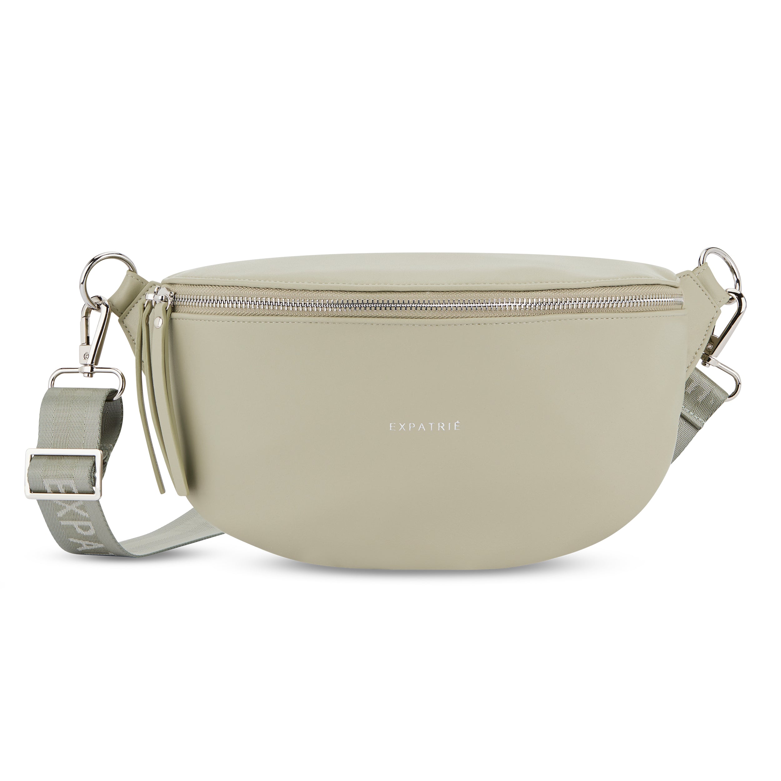 Beige Damen-Bauchtasche Alice Medium aus glattem Material mit Reißverschluss und verstellbarem Textilgurt.