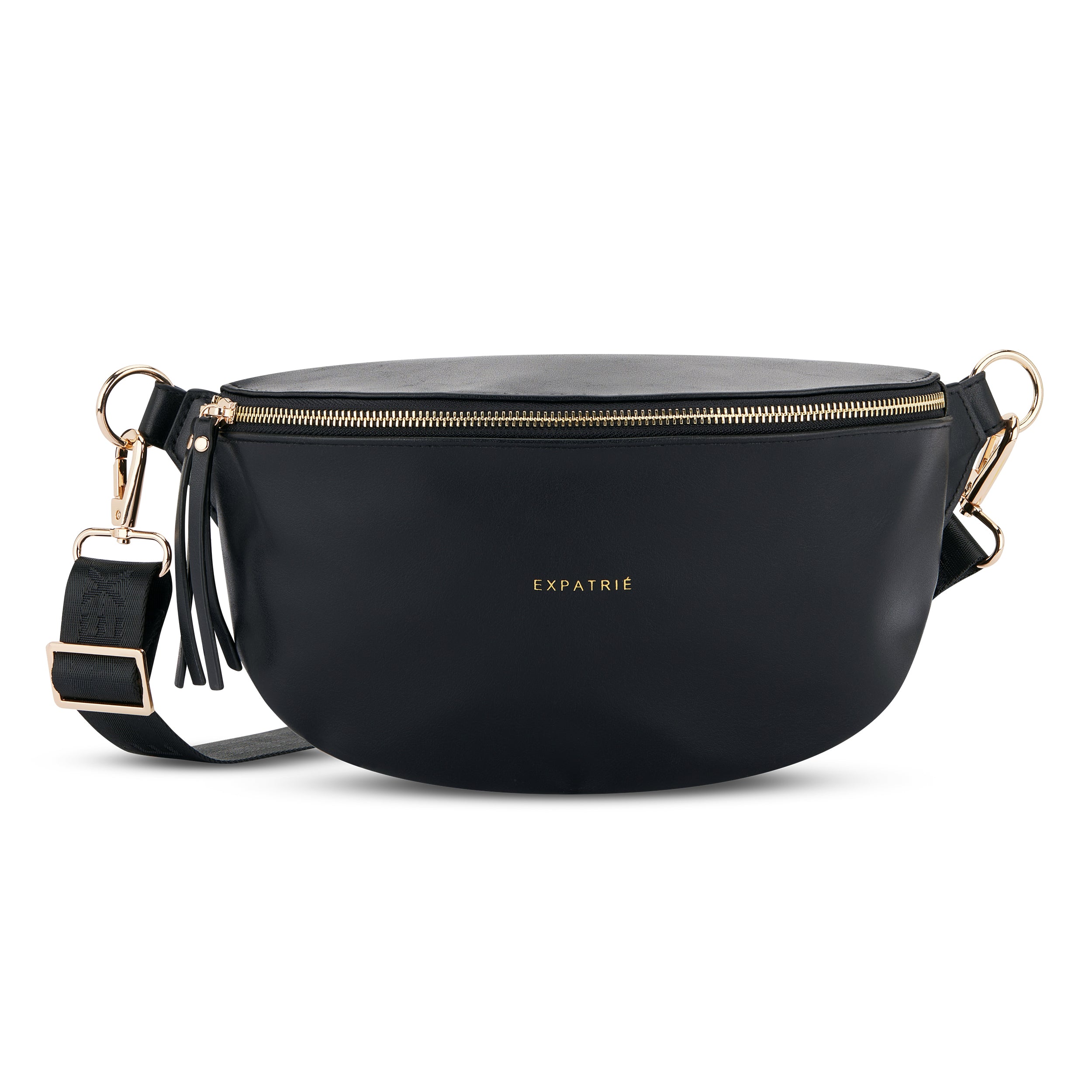 Schwarze Bauchtasche Alice Medium von Expatrié mit goldfarbenem Reißverschluss und verstellbarem Gurt