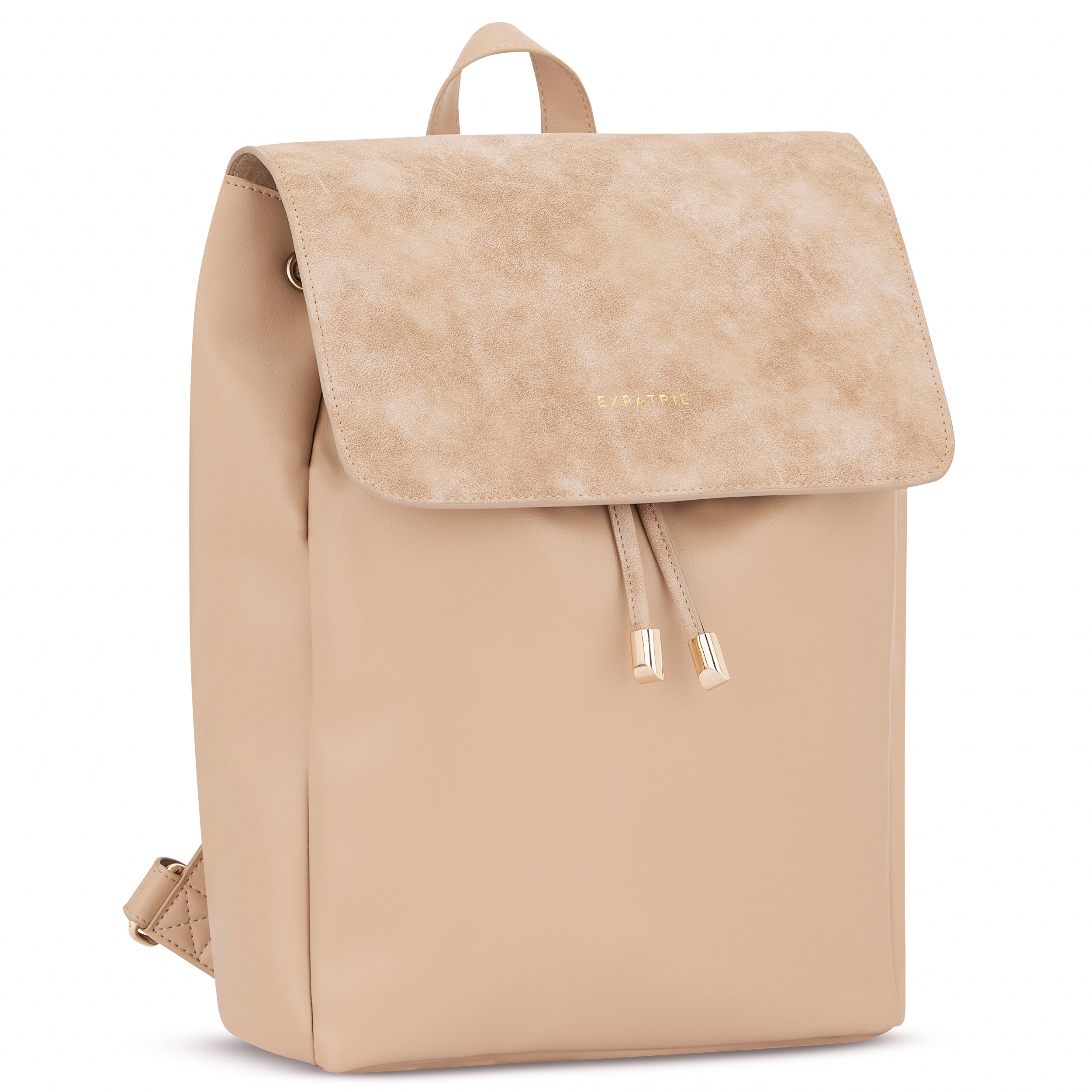 Beiger Kunstleder-Rucksack Estelle mit Klappe und Kordelzug