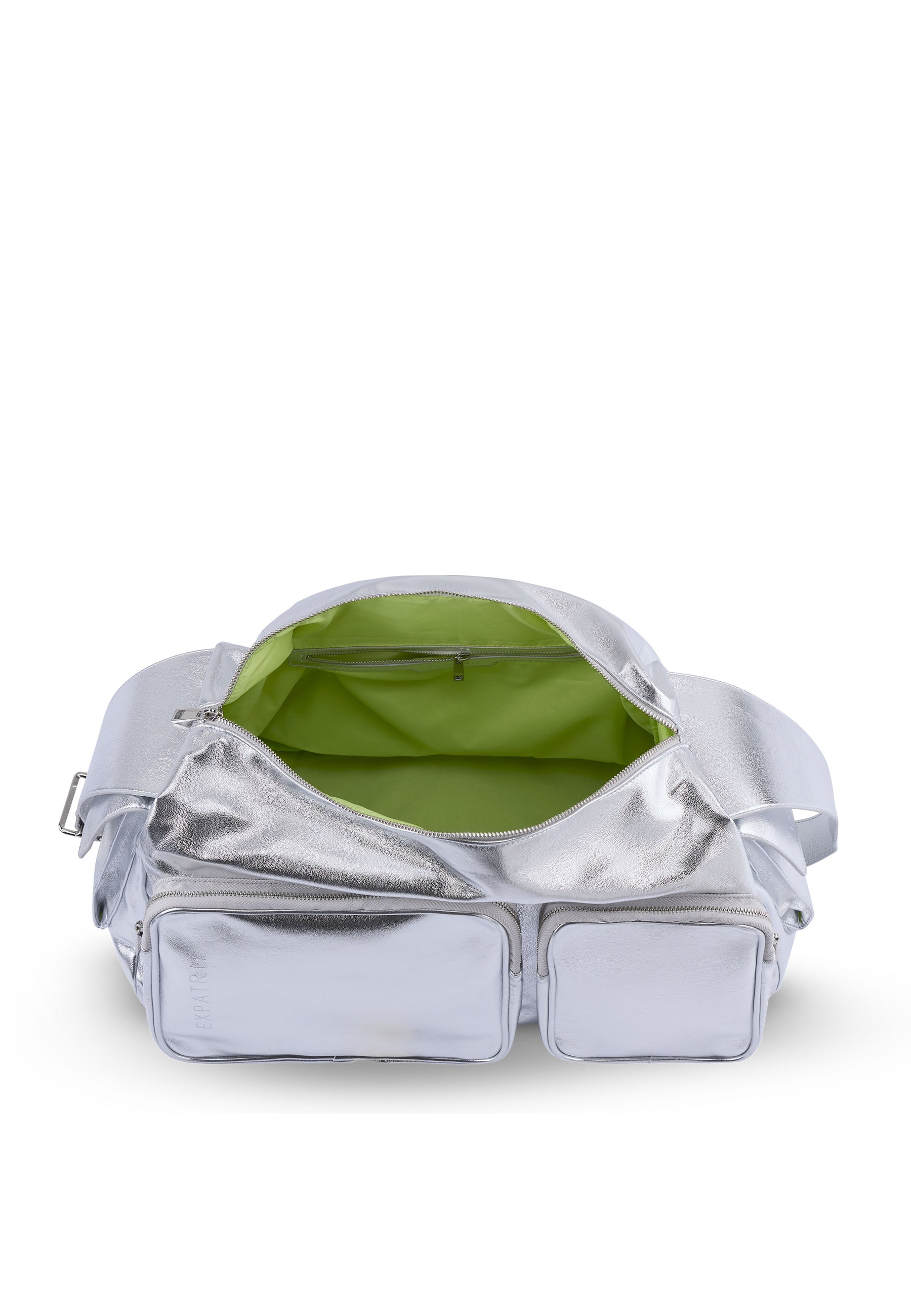 Silber-metallic Weekender-Tasche NOVA mit grünem Innenfutter und zwei Außentaschen mit Reißverschluss