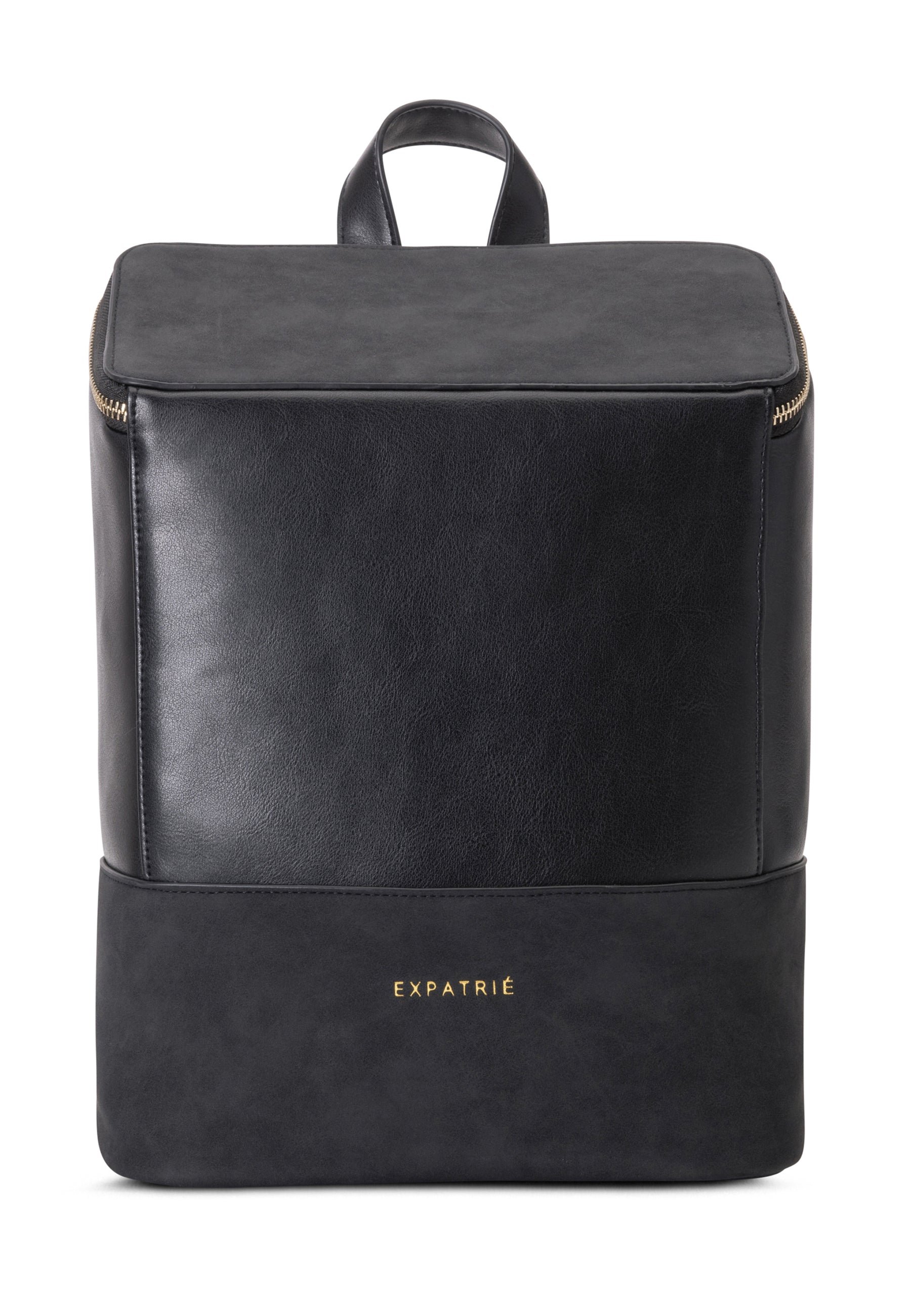 Schwarzer Rucksack Malou aus Leder und Materialmix mit goldfarbenem Expatrié-Schriftzug