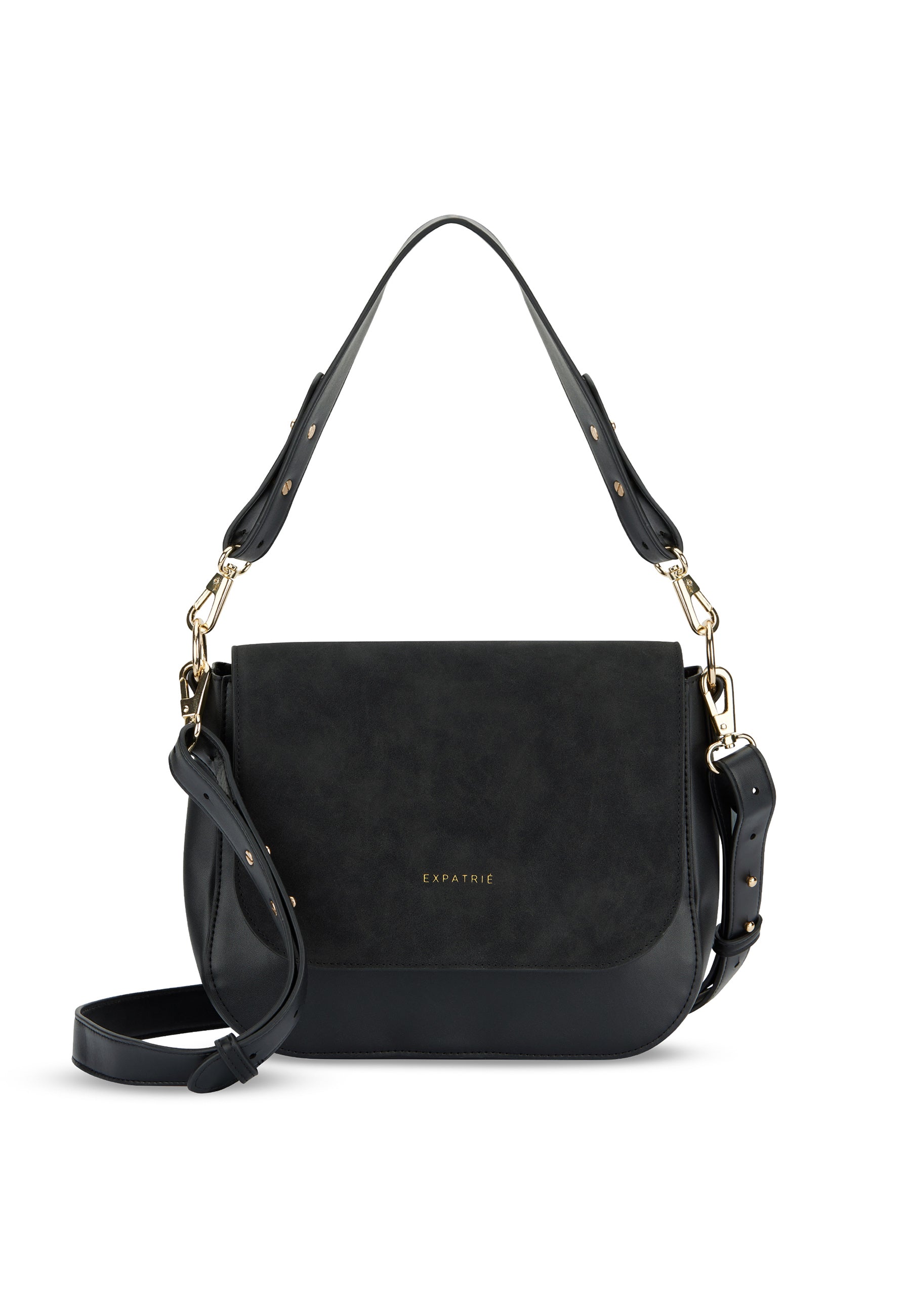 Große Saddle Bag Louise von Expatrié in schwarzem Leder mit Gold-Logo und verstellbarem Schulterriemen