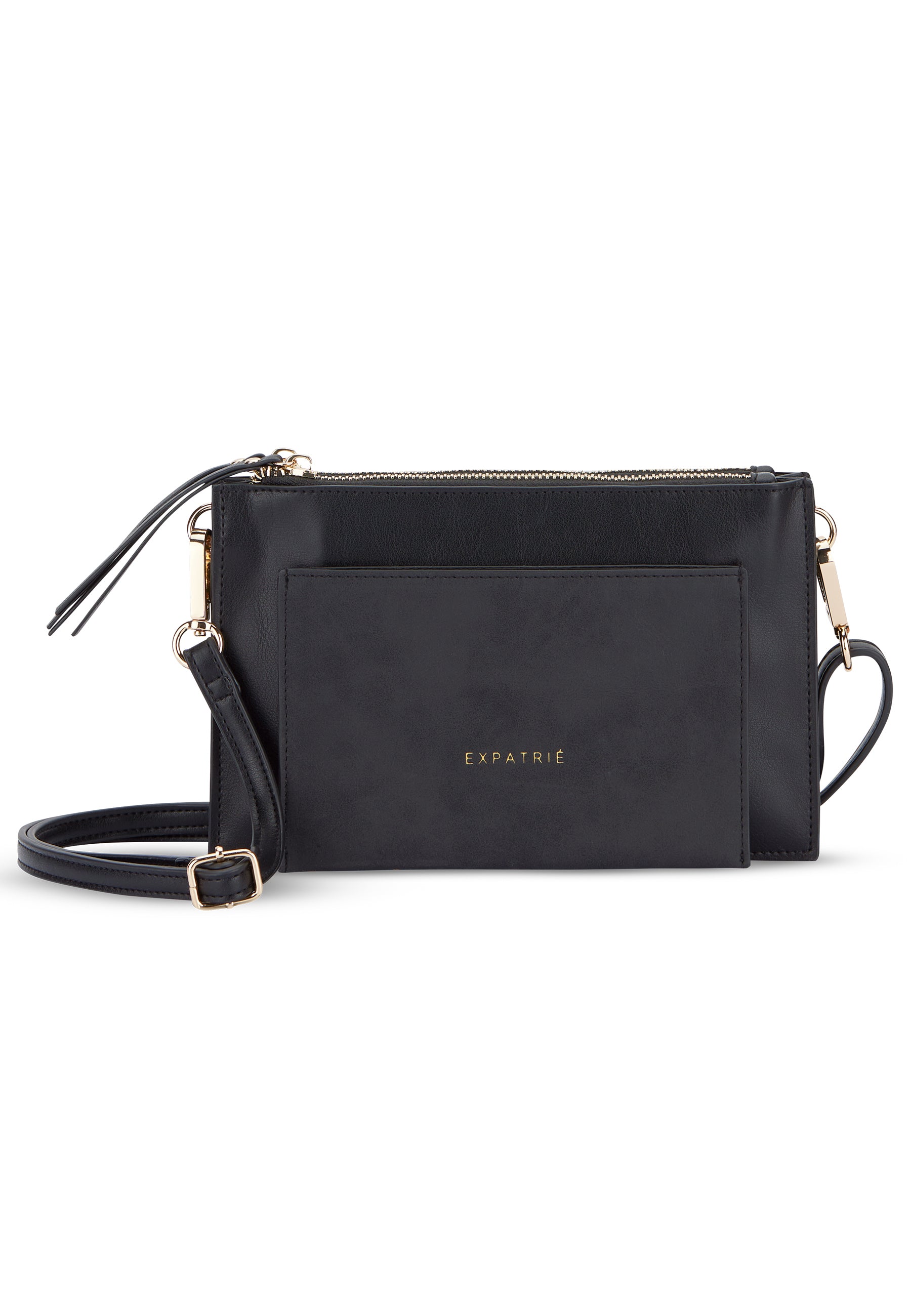 Schwarze Clutch 'Isabelle' von Expatrié mit abnehmbarem Schulterriemen und goldfarbenen Details