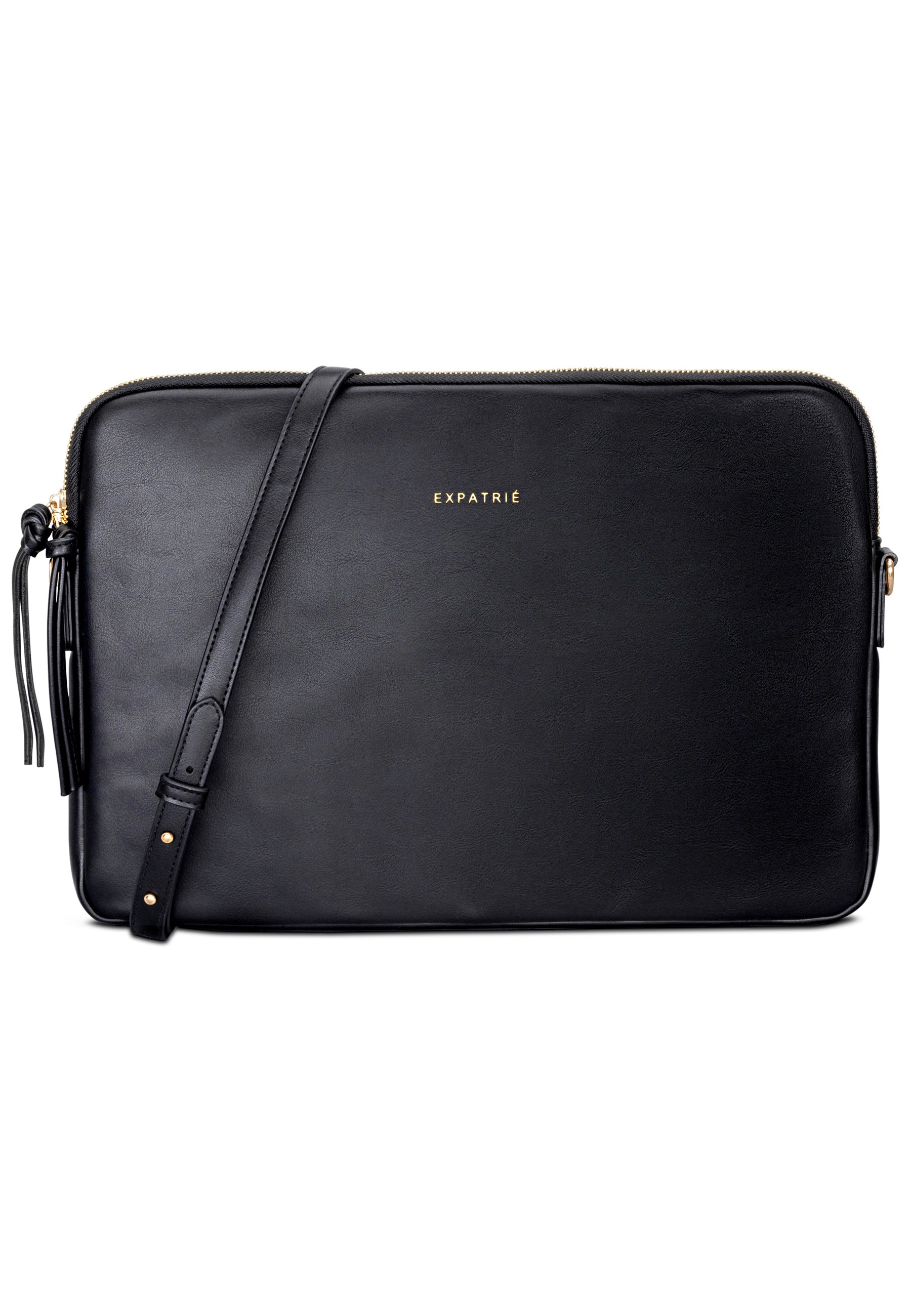 Schwarze Laptop Tasche Marlene von Expatrié mit längenverstellbarem Schulterriemen und goldener Logoprägung