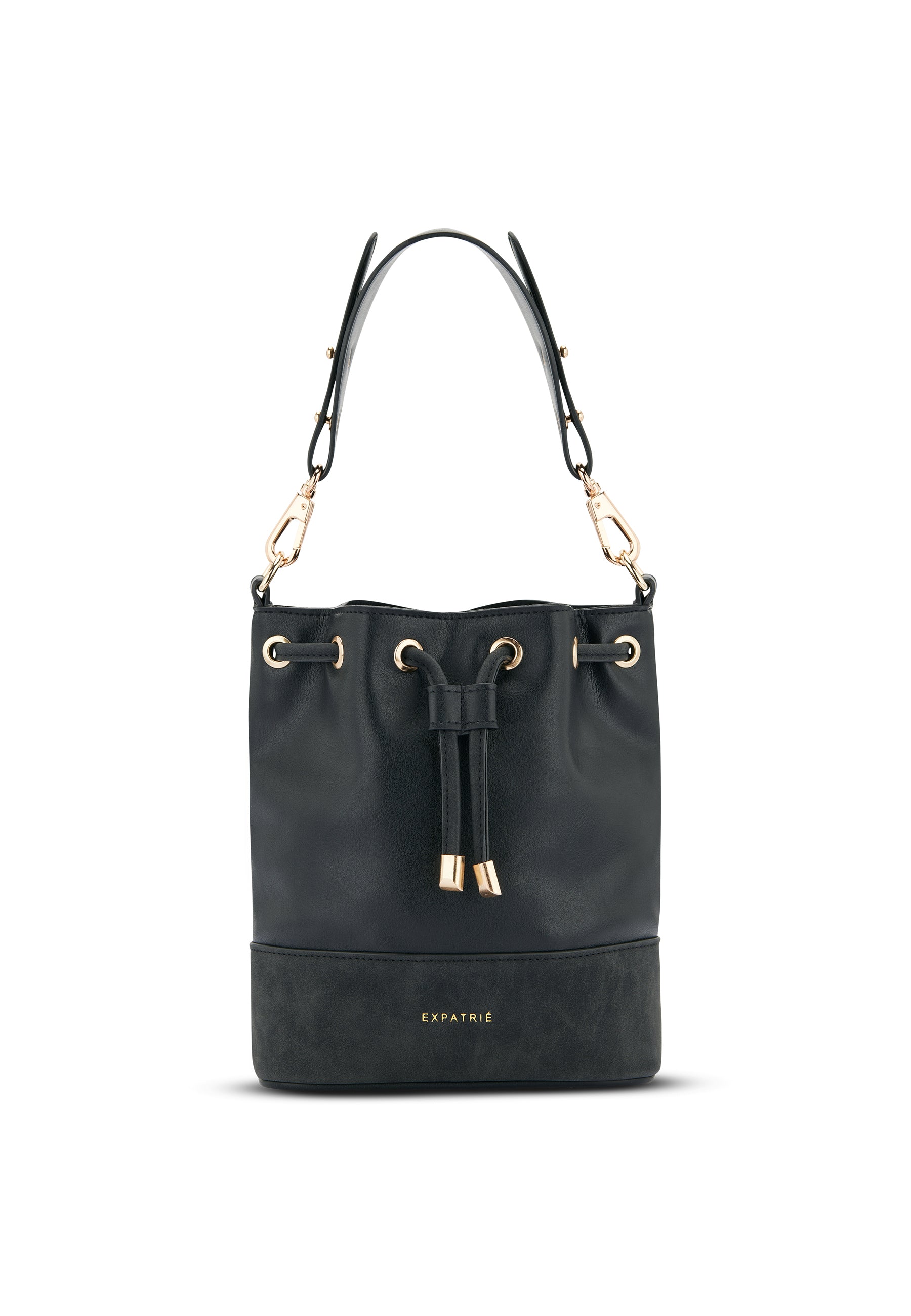Schwarze Beuteltasche Sarah Small mit goldfarbenen Metallösen und Zugband, mit Schulterriemen
