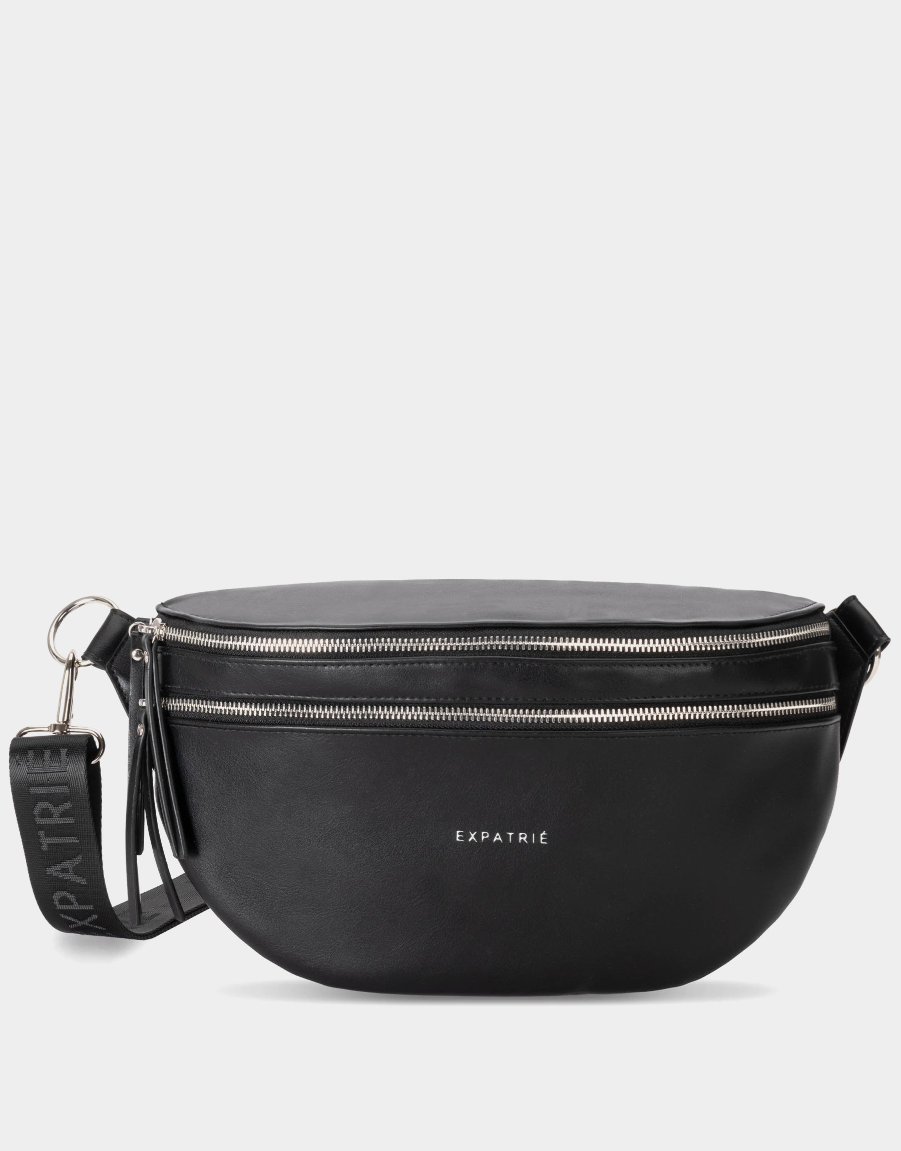 Schwarze Bauchtasche 'Alice Large' aus Lederimitat mit zwei Reißverschlüssen und breitem Schultergurt mit logo