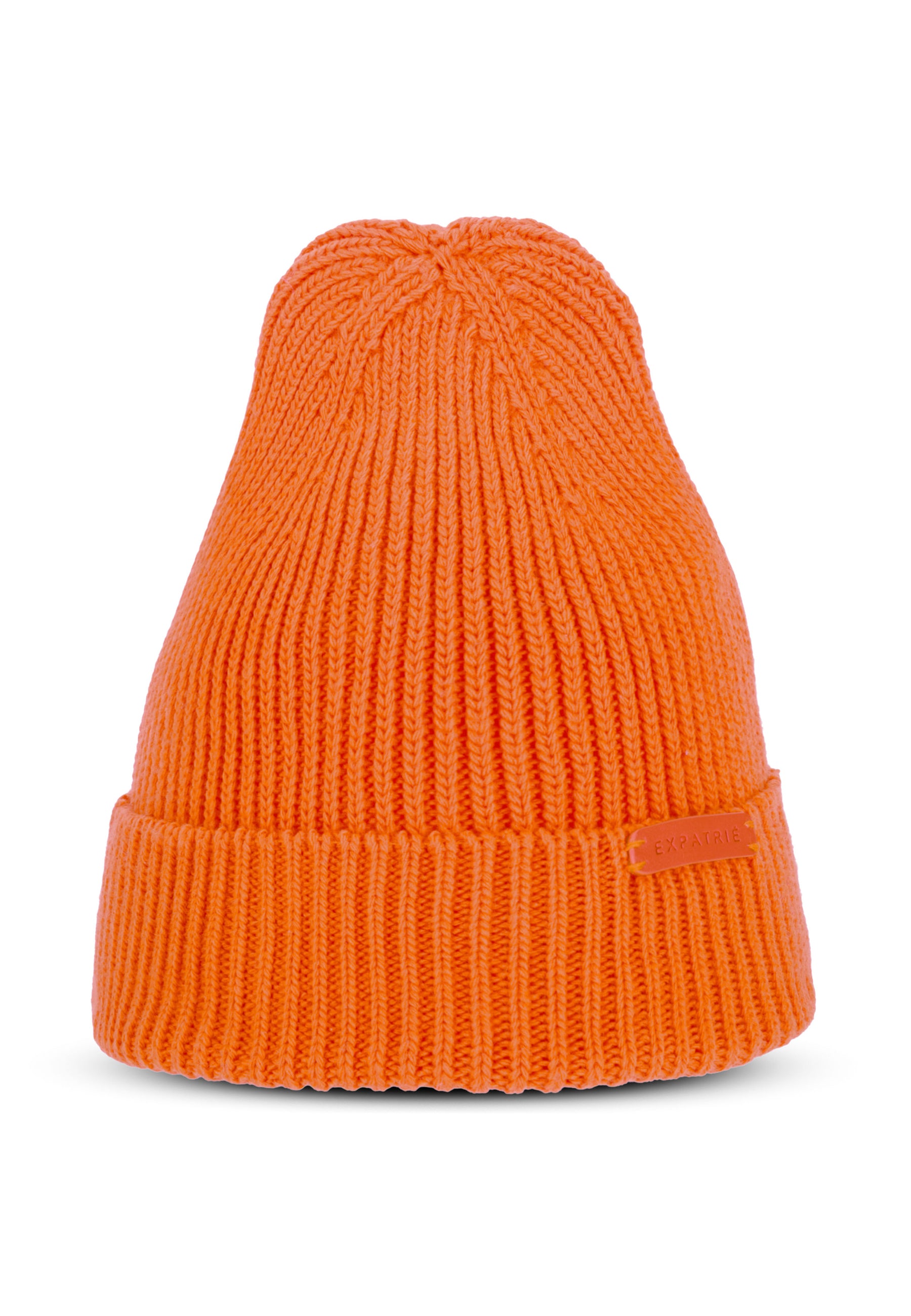 Oranger Rippstrick-Beanie 'Mütze Luna' mit Umschlag und kleinem Expatrié-Label