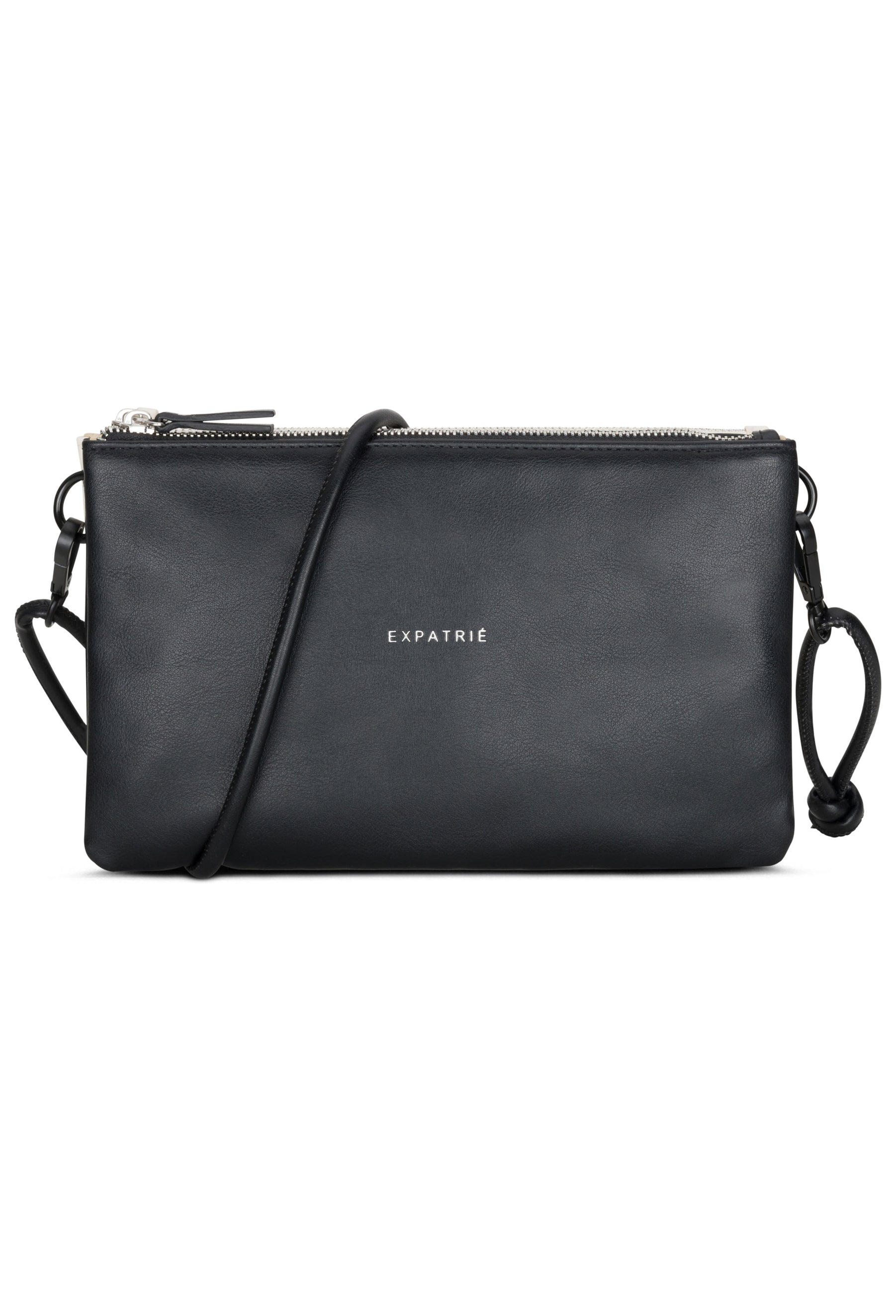 Schwarze Clutch Emilie aus Leder mit silbernem Reißverschluss und schmalem Schulterriemen