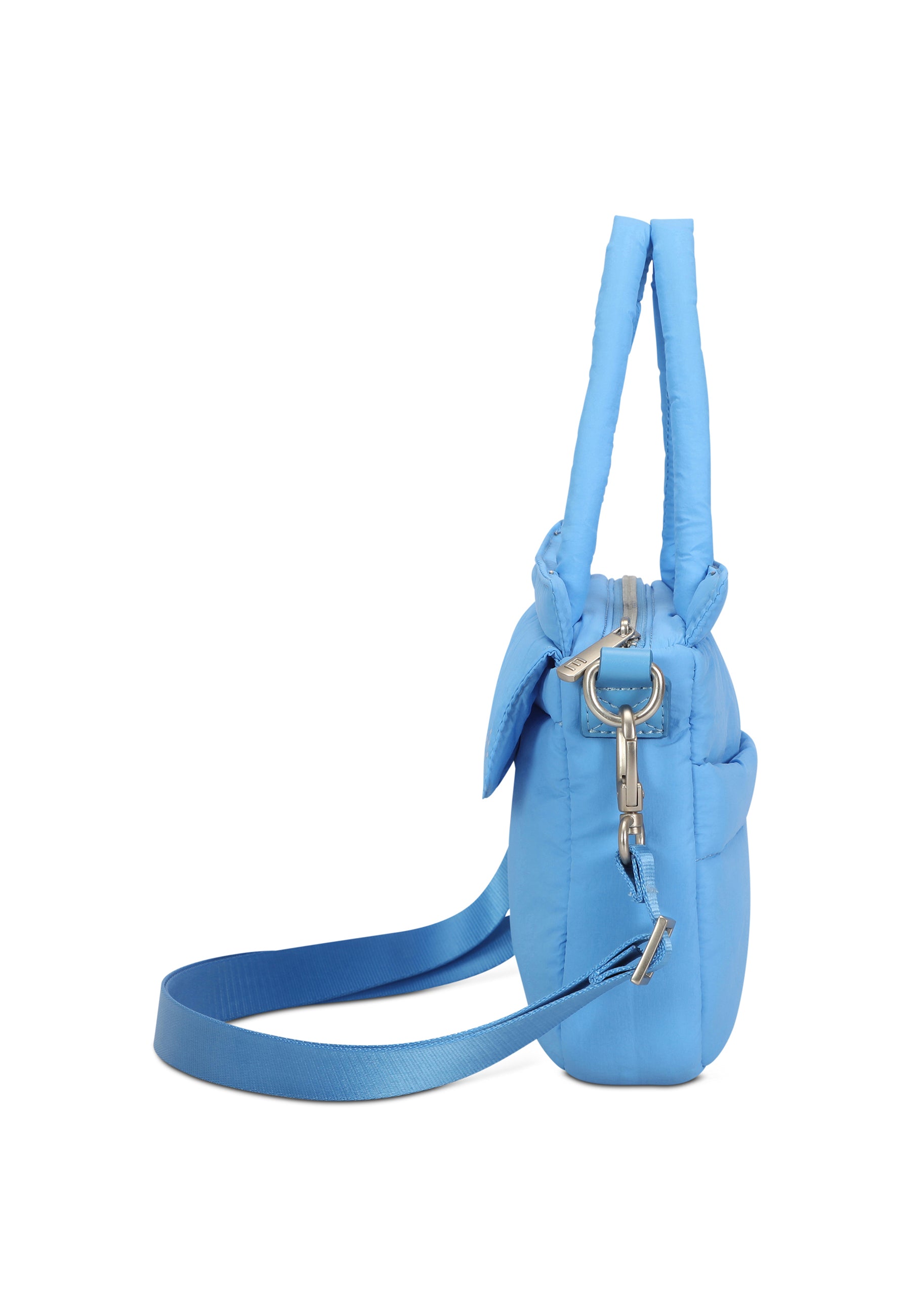 Seitliche Ansicht der blauen POPPY SMALL Handtasche mit abnehmbarem Schulterriemen