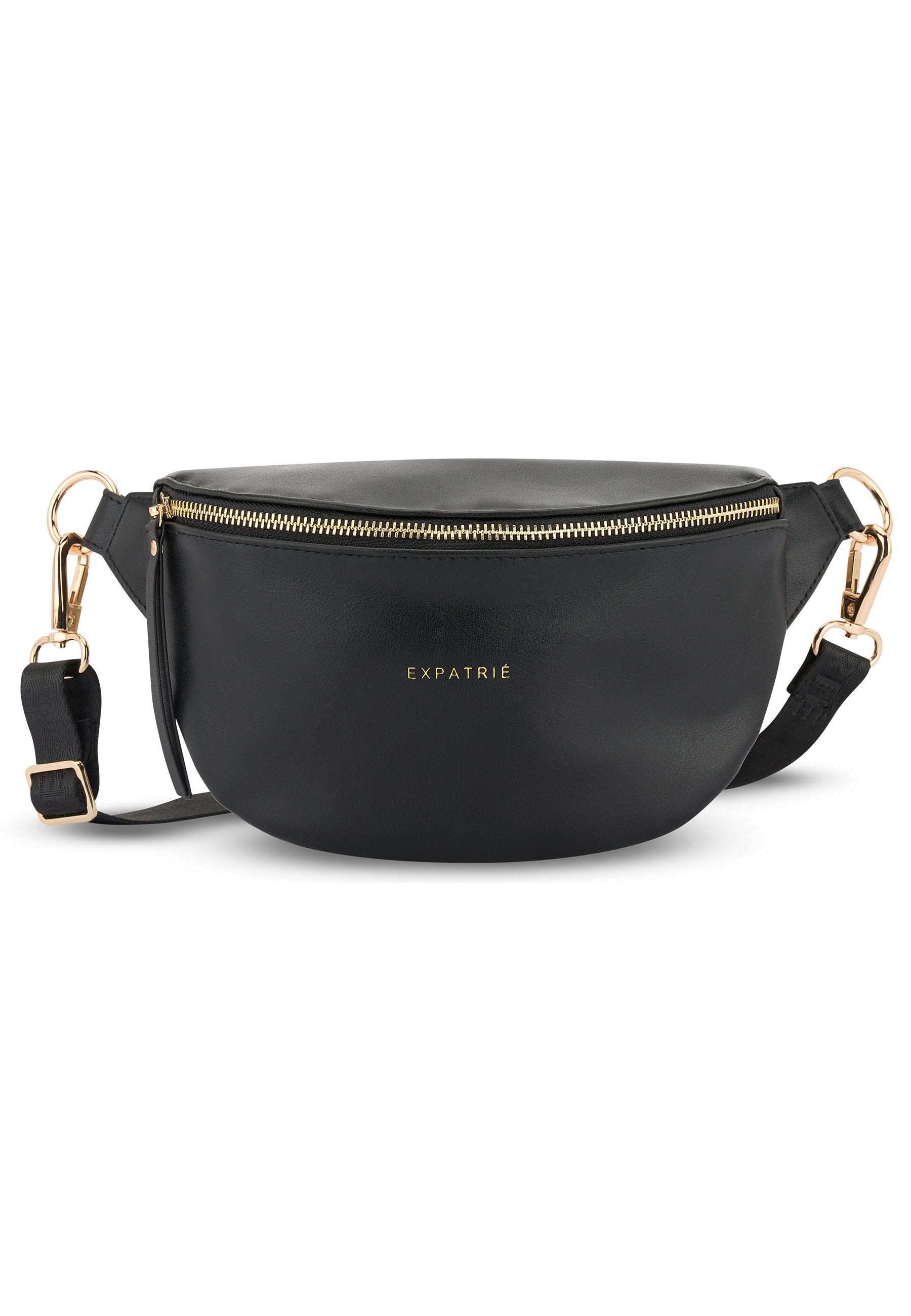 Schwarze Bauchtasche Alice Small von Expatrié mit goldfarbenem Reißverschluss und verstellbarem Gurt