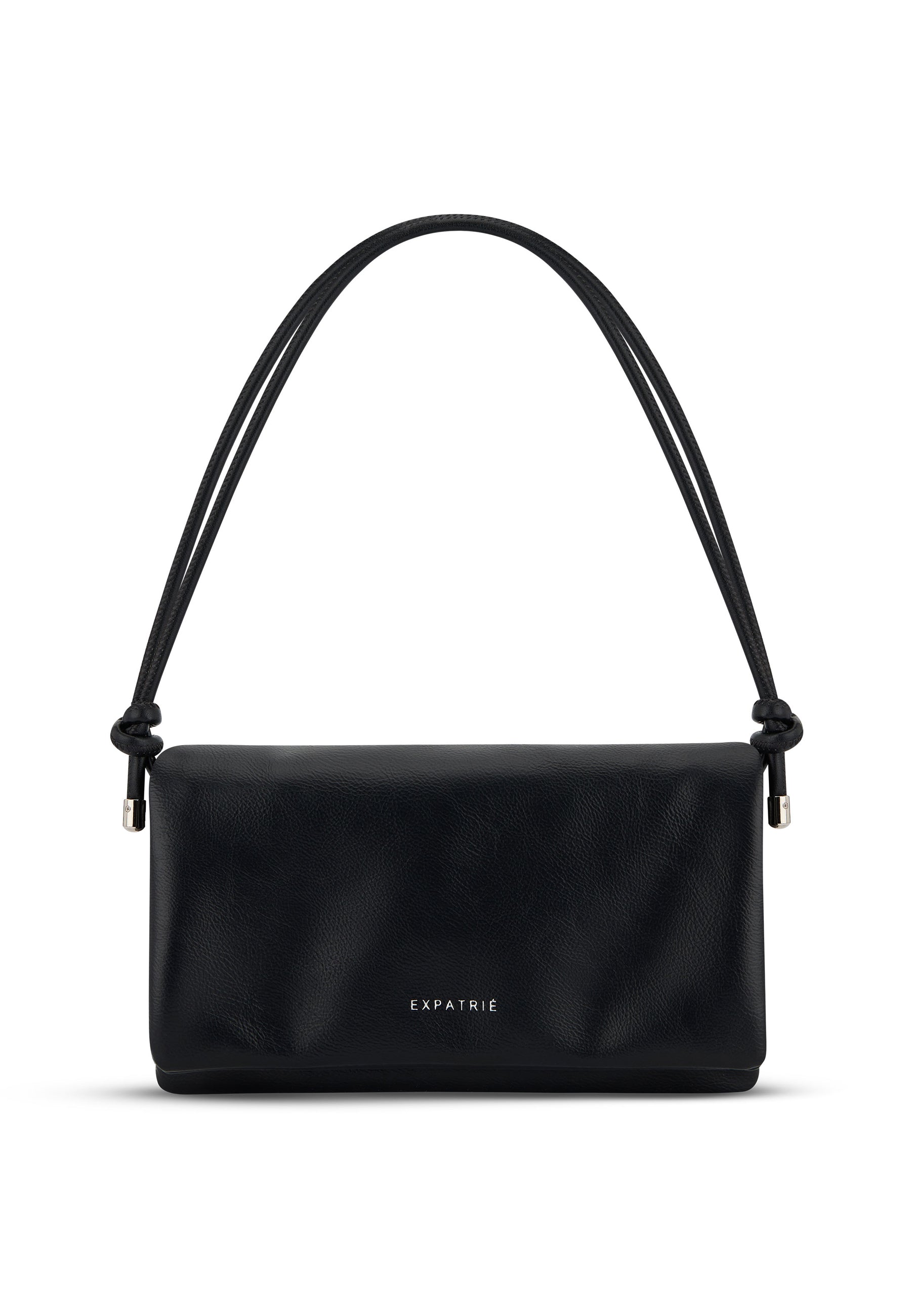 Schwarze Clutch Juliette von Expatrié mit Doppelriemen und minimalistischer Form