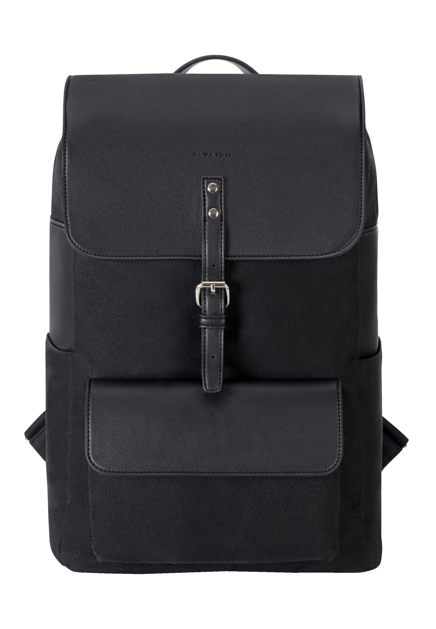 Schwarzer Rucksack Ella aus textil und Leder mit Klappe und Schnallenverschluss