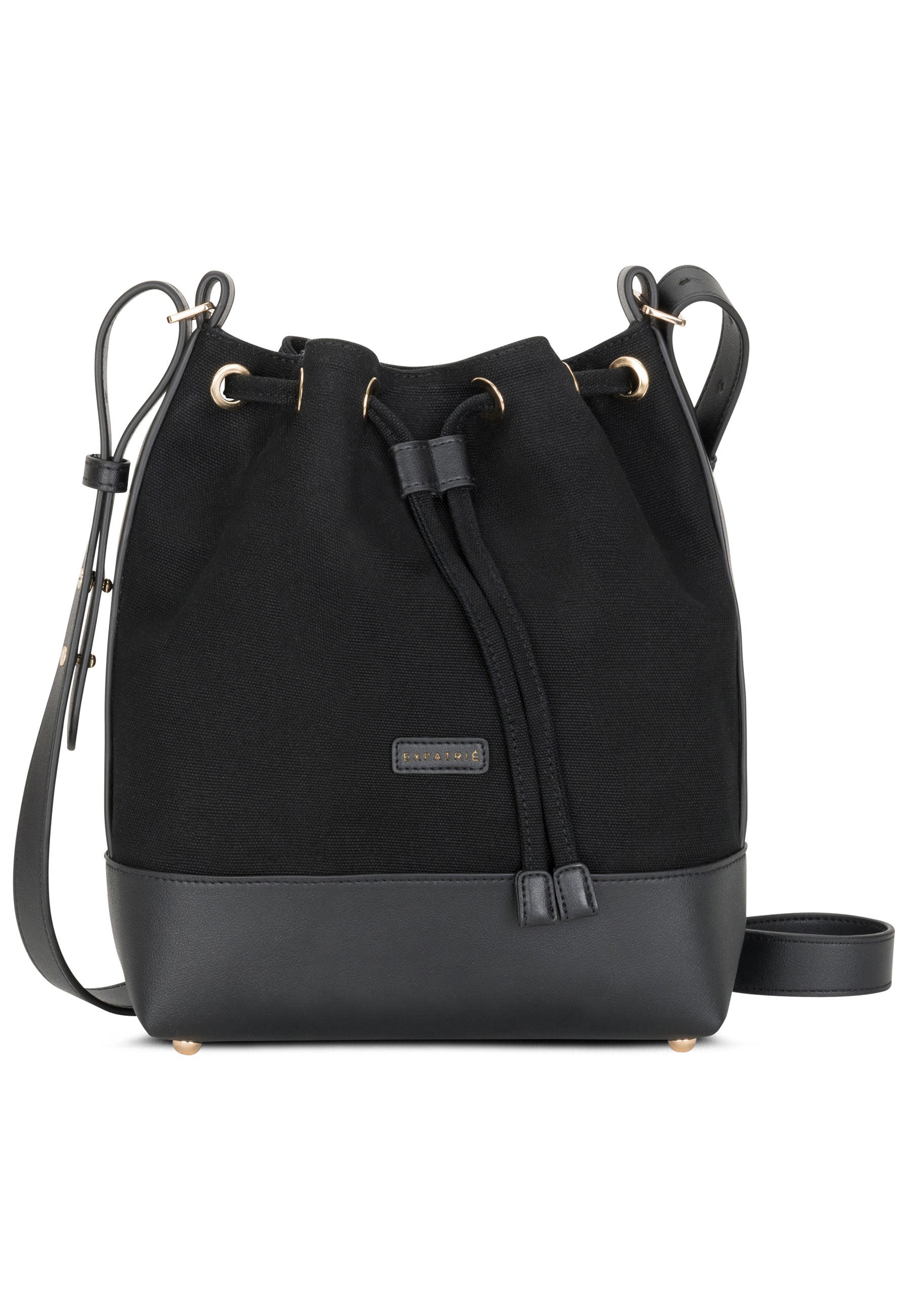 Schwarze Beuteltasche Lily mit Kordelzug und verstellbarem Schulterriemen