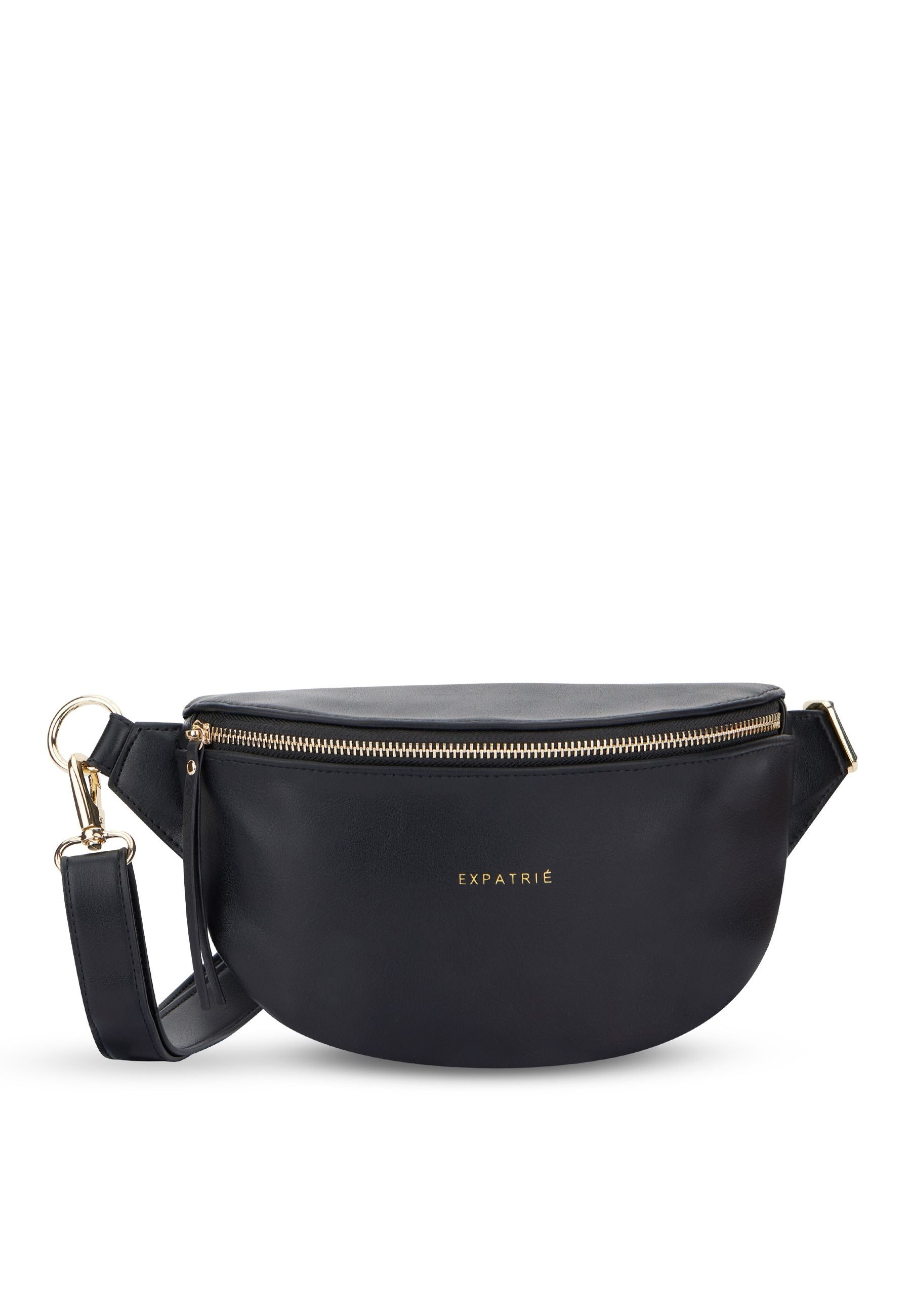 Schwarze Bauchtasche Alice Small von Expatrié mit goldenem Reißverschluss und Logo