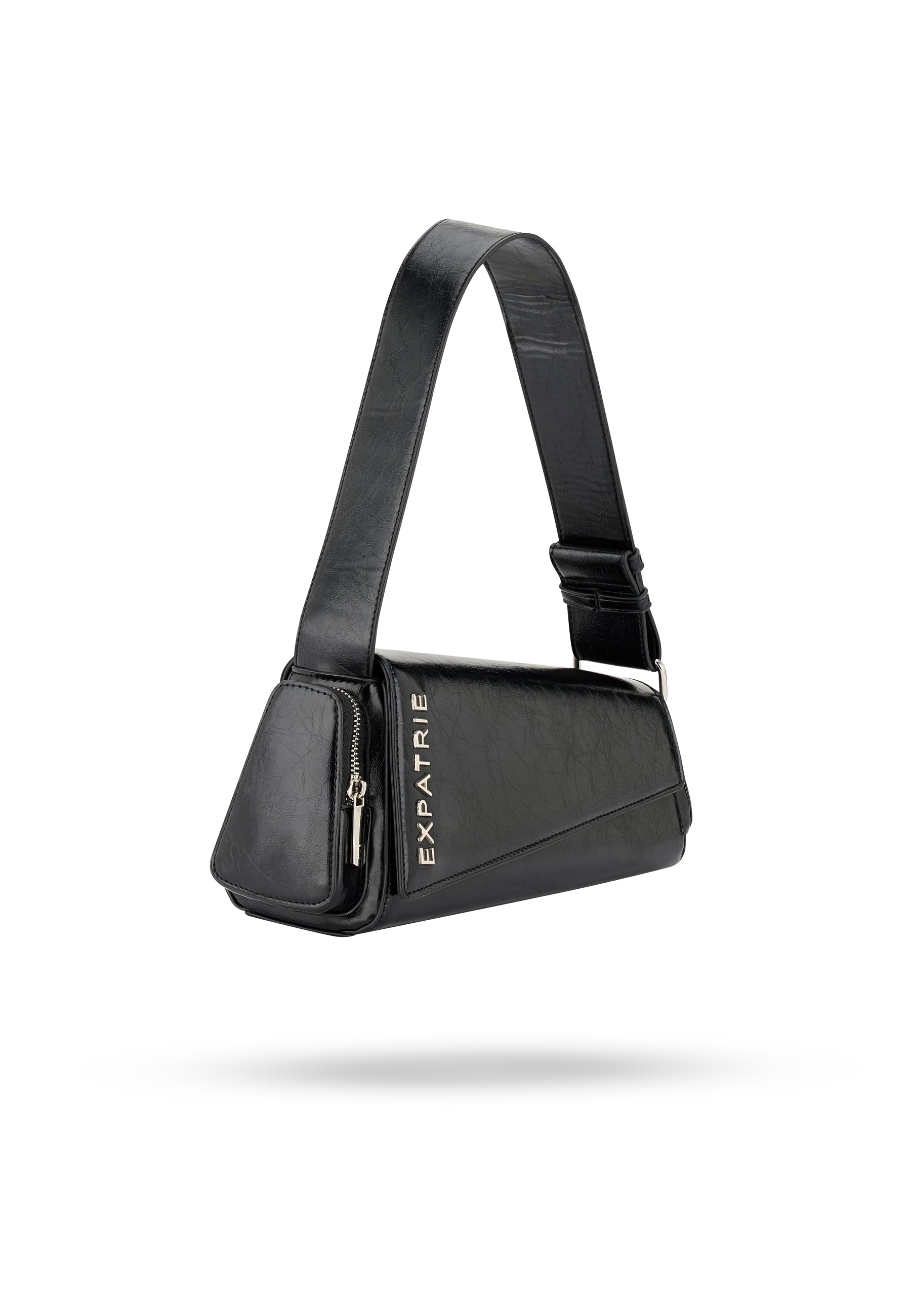 Schwarze GRACE Handtasche von Expatrié mit breitem Schulterriemen und silbernem Reißverschluss