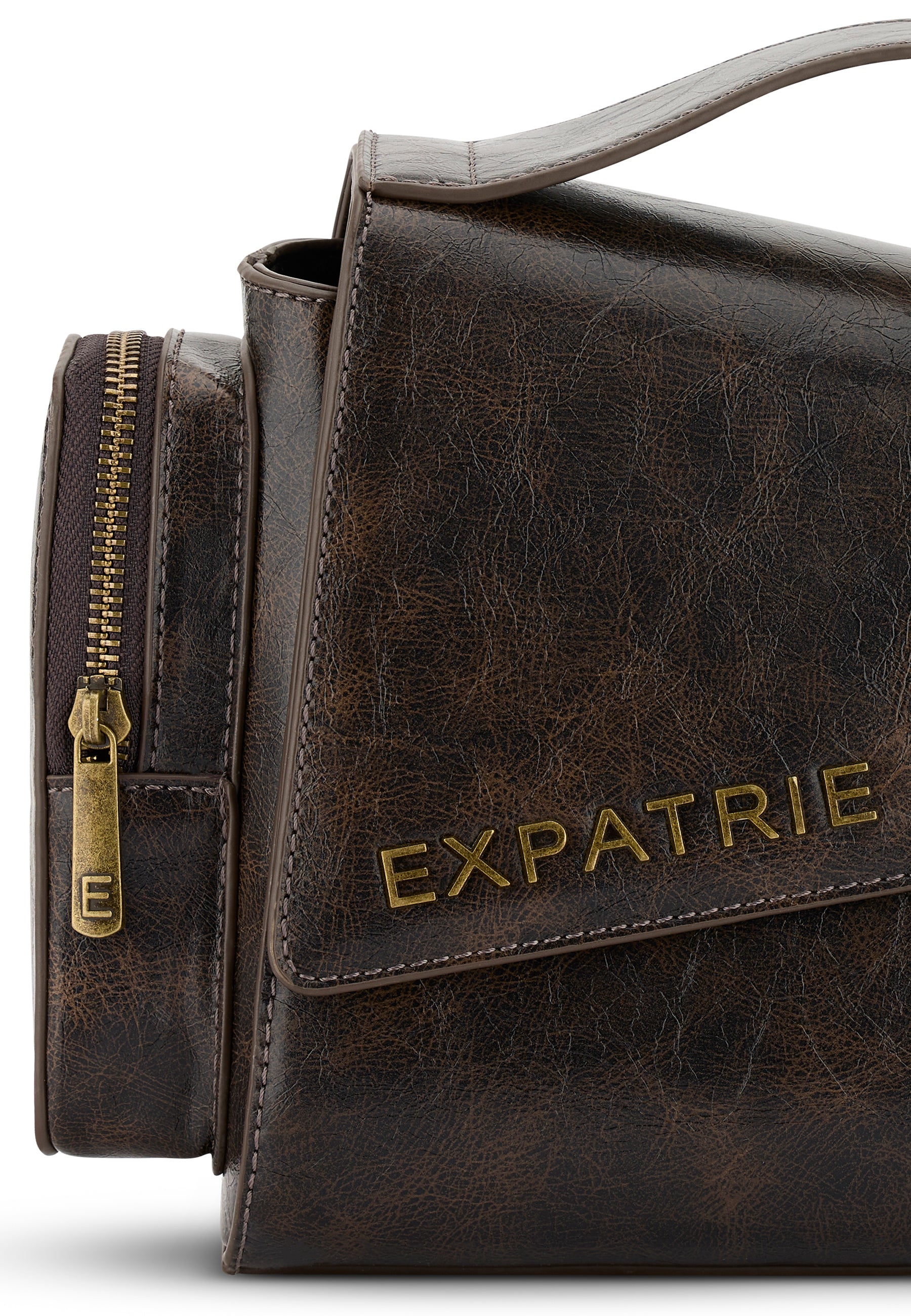 Vintage braune Handtasche HUNTER von Expatrié aus Leder mit sichtbarem Reißverschluss und Goldschriftzug