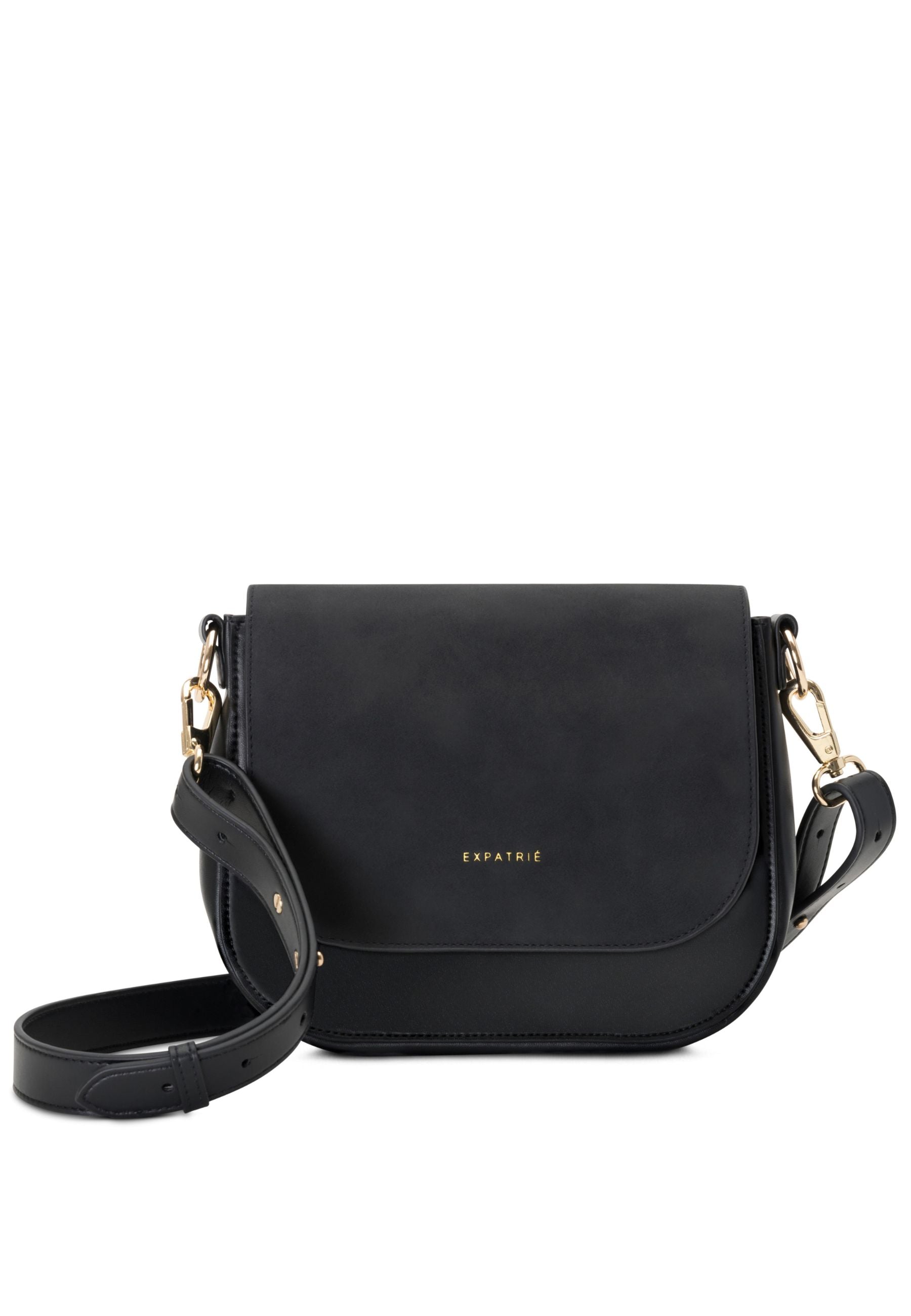 Expatrié Saddle Bag Louise Medium in schwarzem glattem Leder mit goldfarbenen Details