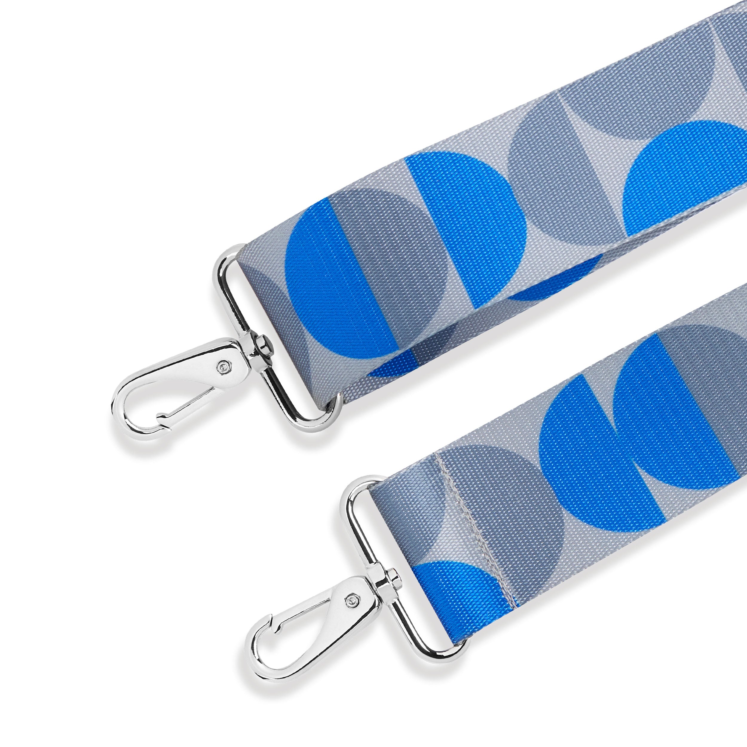 Blauer und grauer Schultergurt mit Kreis-Muster und silbernen Haken