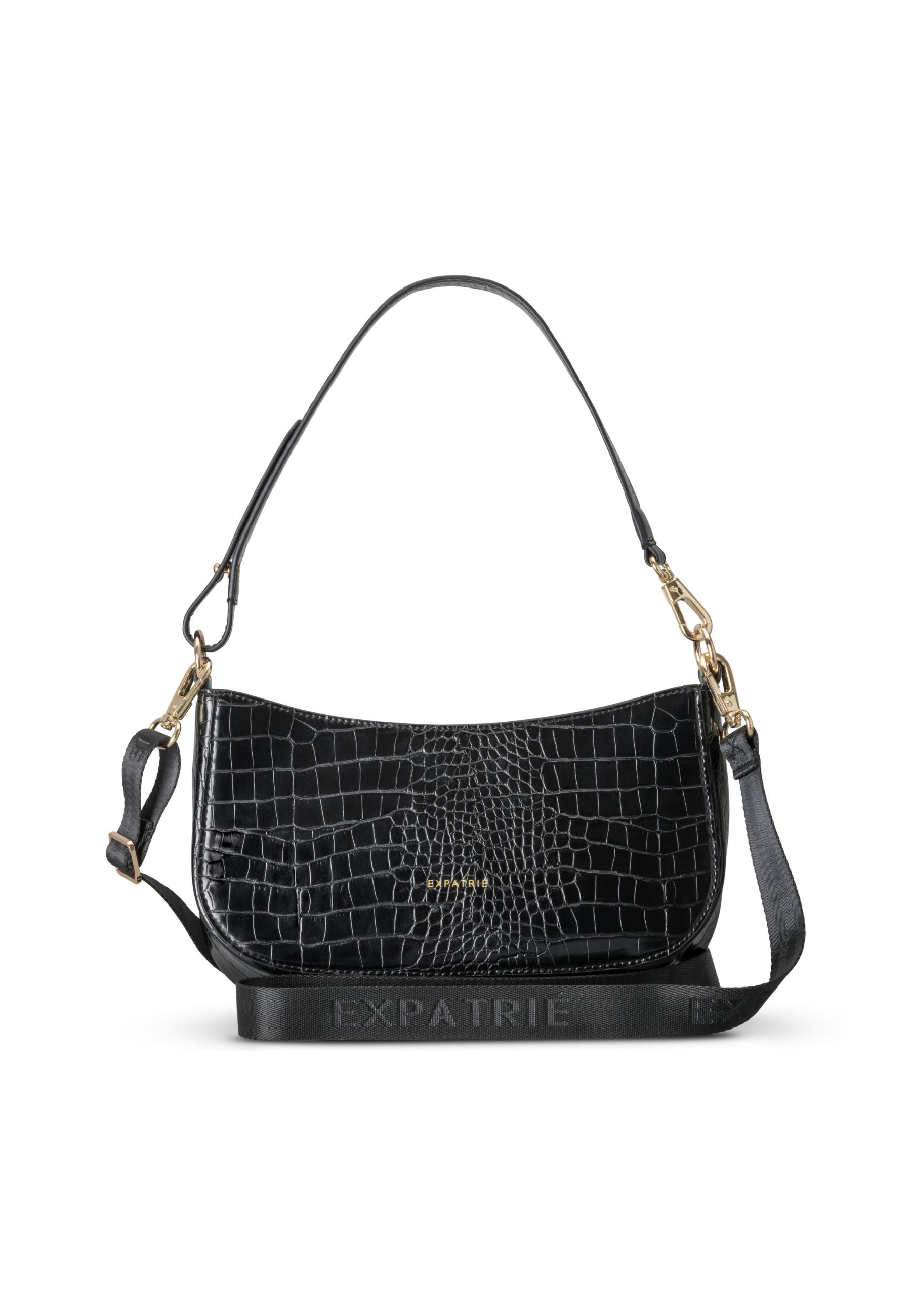 Schwarze Handtasche Féline mit Kroko-Prägung, zwei abnehmbaren Henkeln und goldfarbenen Beschlägen