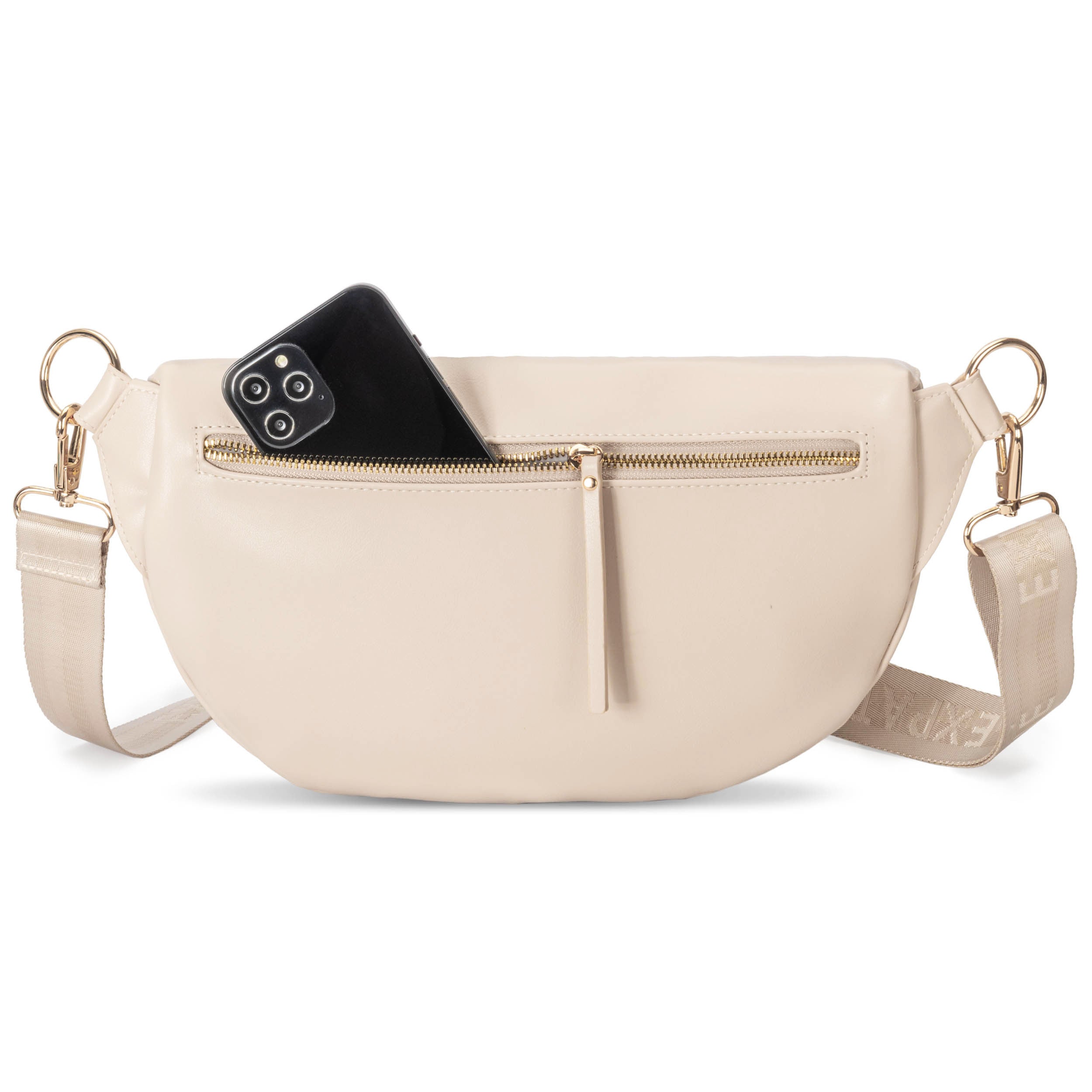 Beige Bauchtasche Alice Large mit goldfarbenem Reißverschluss und verstellbarem Gurt, Handy in Außenfach