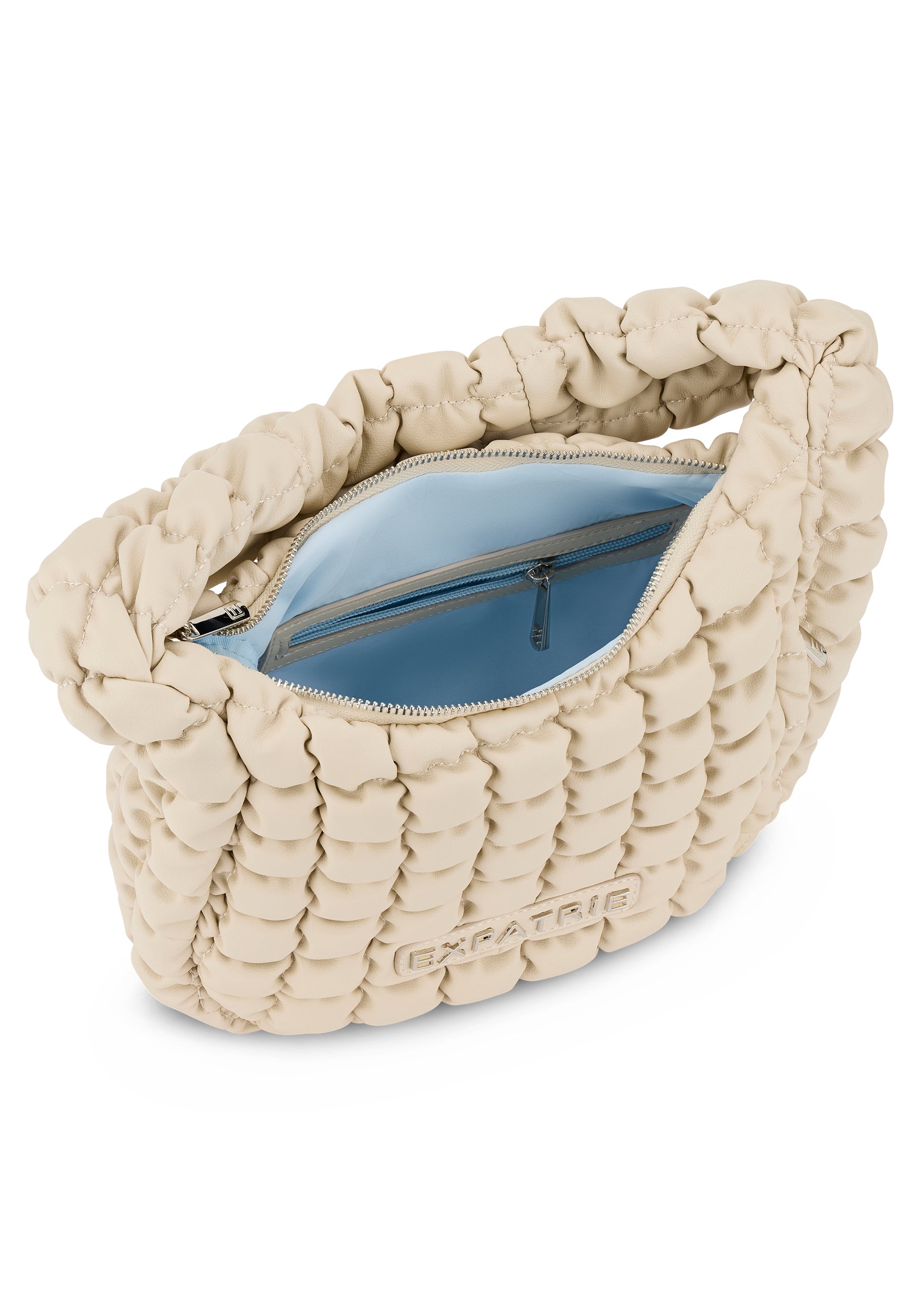 Beige große Handtasche 'PIPPA LARGE' mit gerafftem Design und innen hellblauem Reißverschlussfach