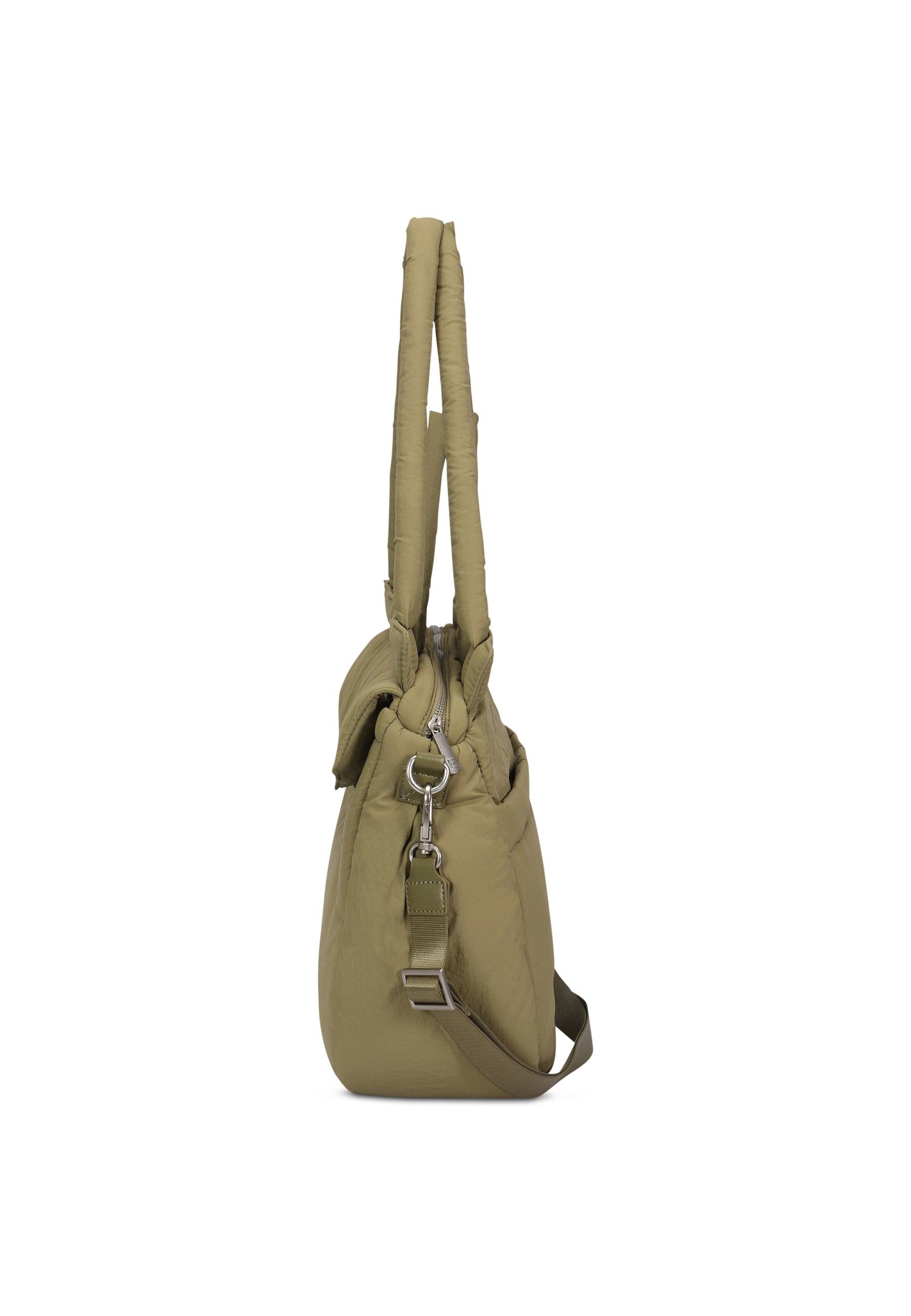 Seitenansicht der POPPY große Shopper Tasche in Olive mit zwei langen Henkeln und abnehmbaren Schulterriemen