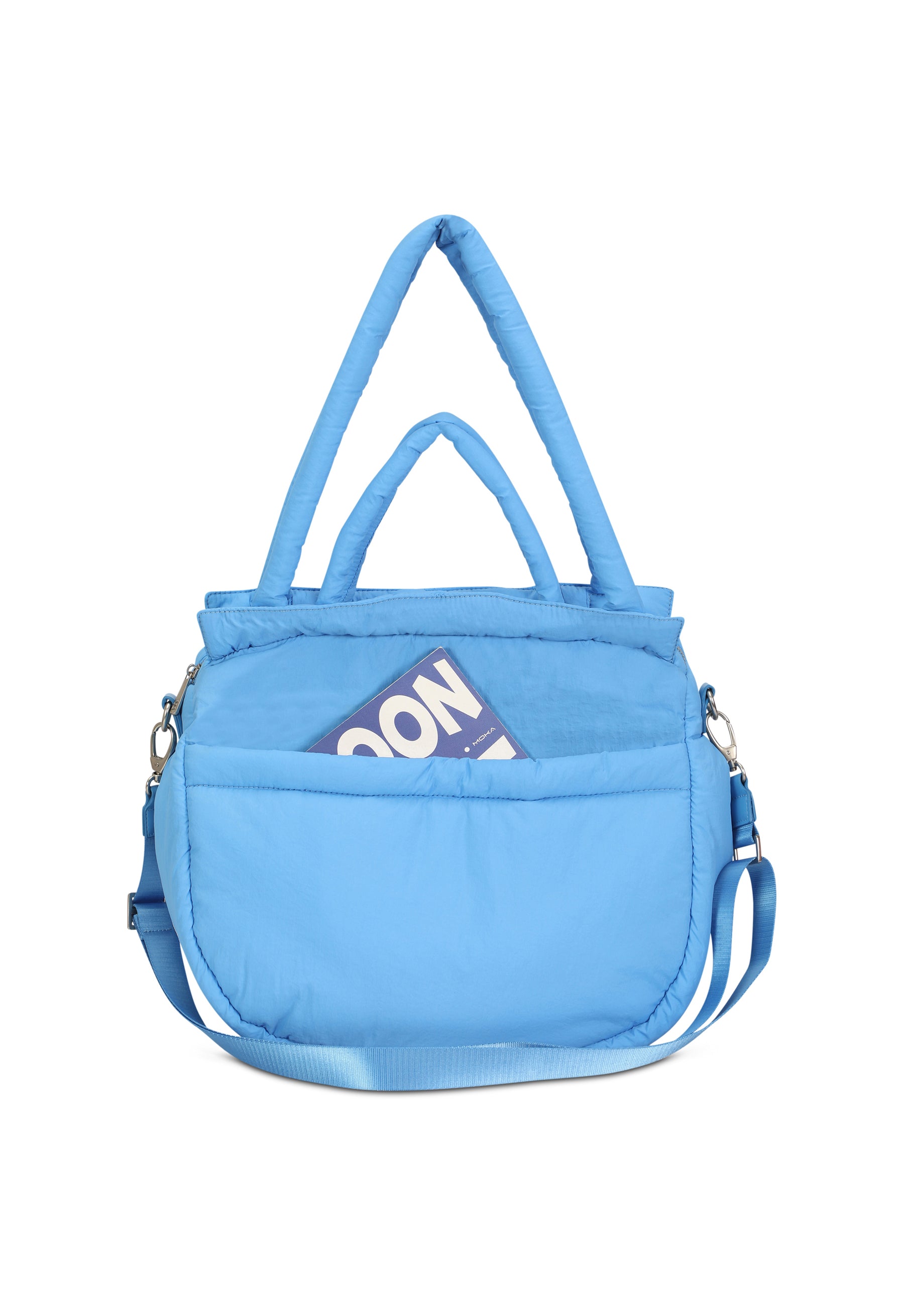 Große royalblaue POPPY Shopper Tasche mit zwei Tragegriffen und einem Außenfach mit einer lila Zeitschrift