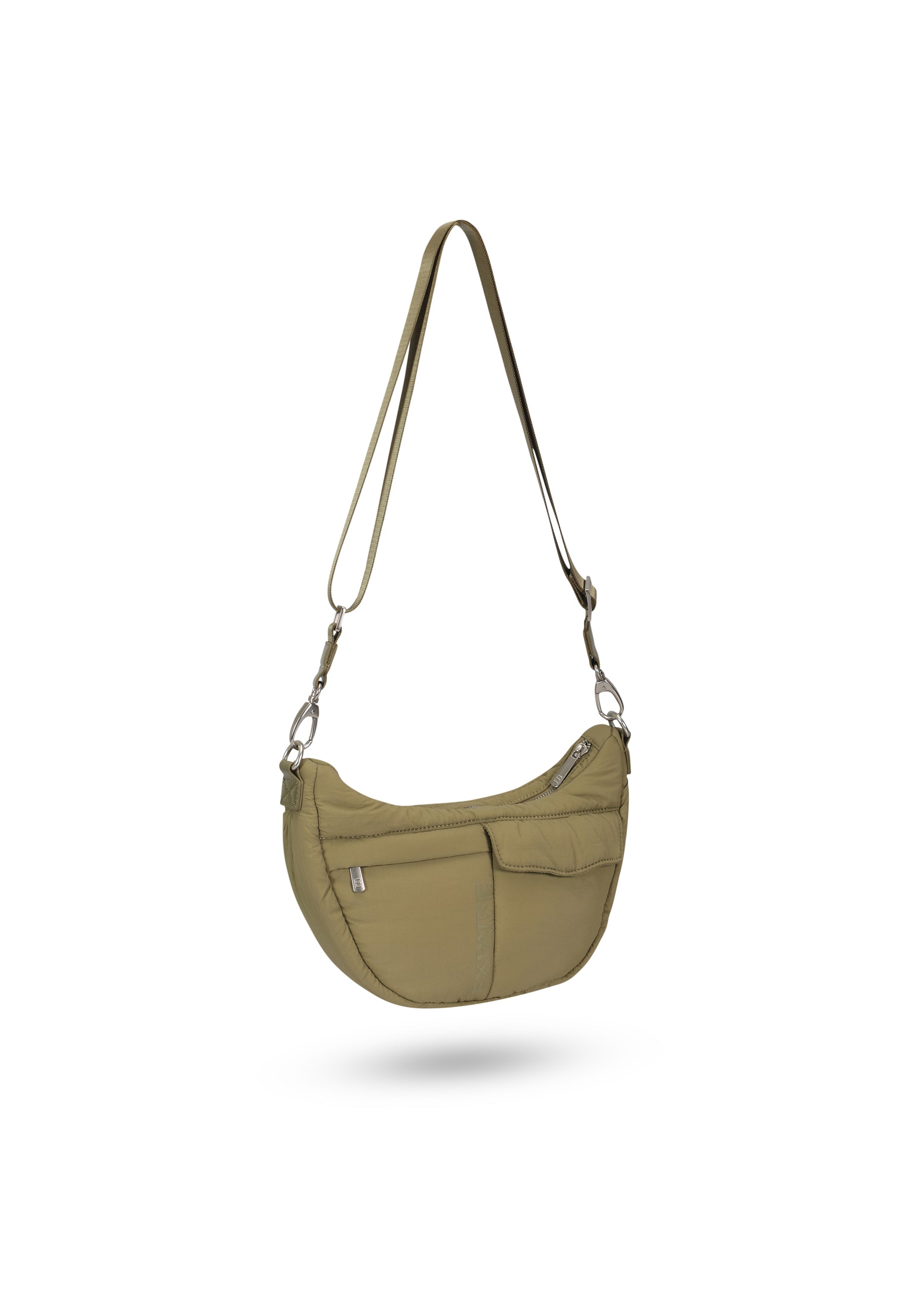 Olivegrüne VIVY Half Moon Tasche für Damen mit zwei Außentaschen und verstellbarem Schulterriemen