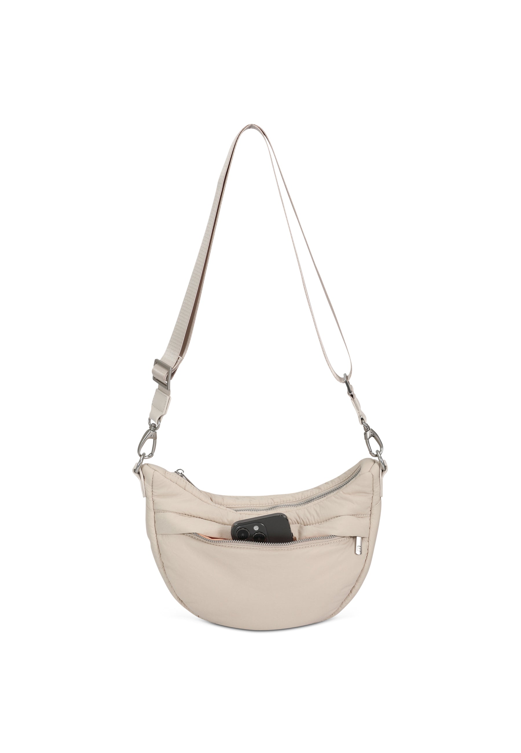Beige, gefütterte VIVY Half Moon Tasche mit verstellbarem Schultergurt und äußerer Reißverschlusstasche mit Smartphone