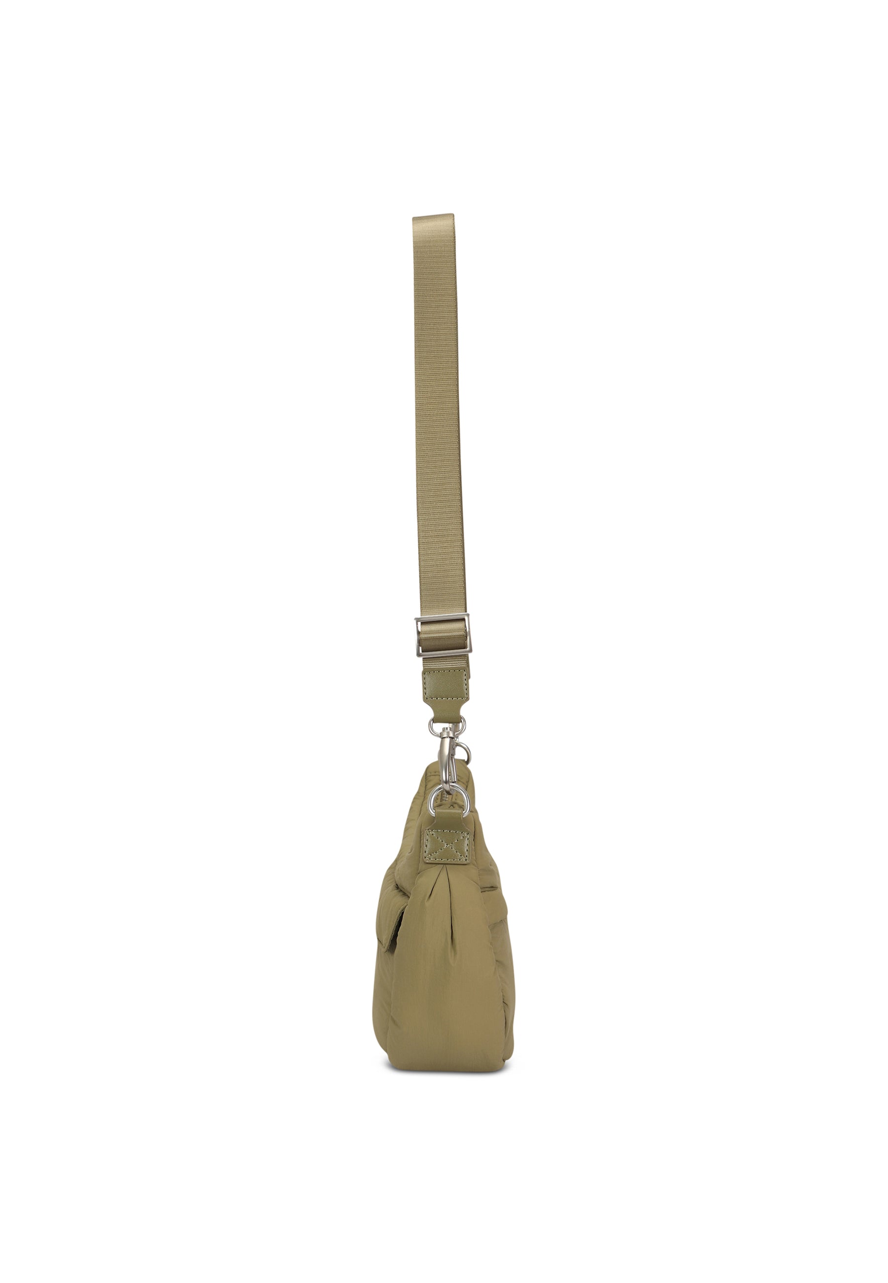 VIVY Half Moon Bag in modernem Olivgrün, Seitenansicht mit verstellbarem Schulterriemen aus Stoff