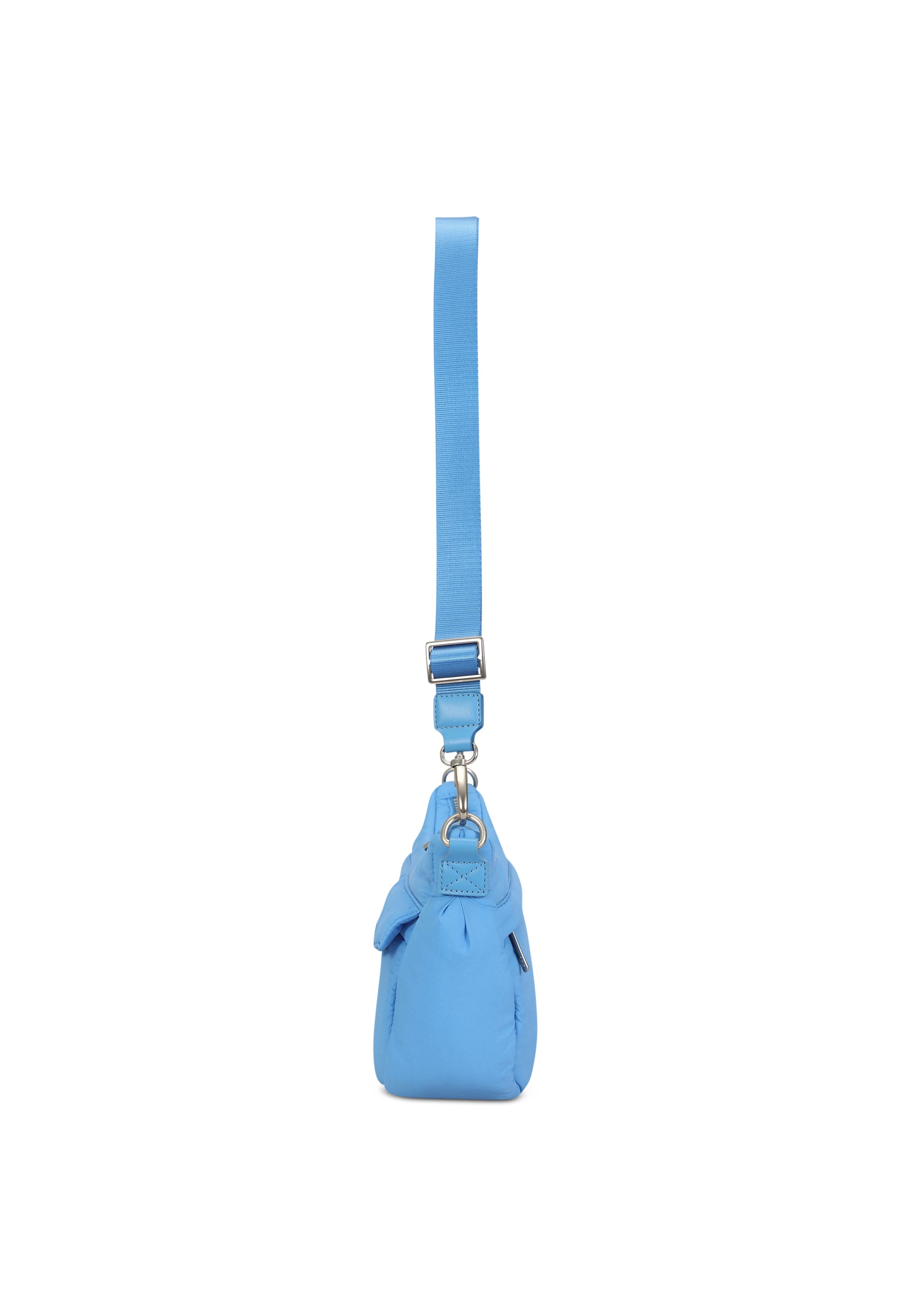VIVY Half Moon Bag in royalblau, Seitenansicht mit verstellbarem Träger aus Leder