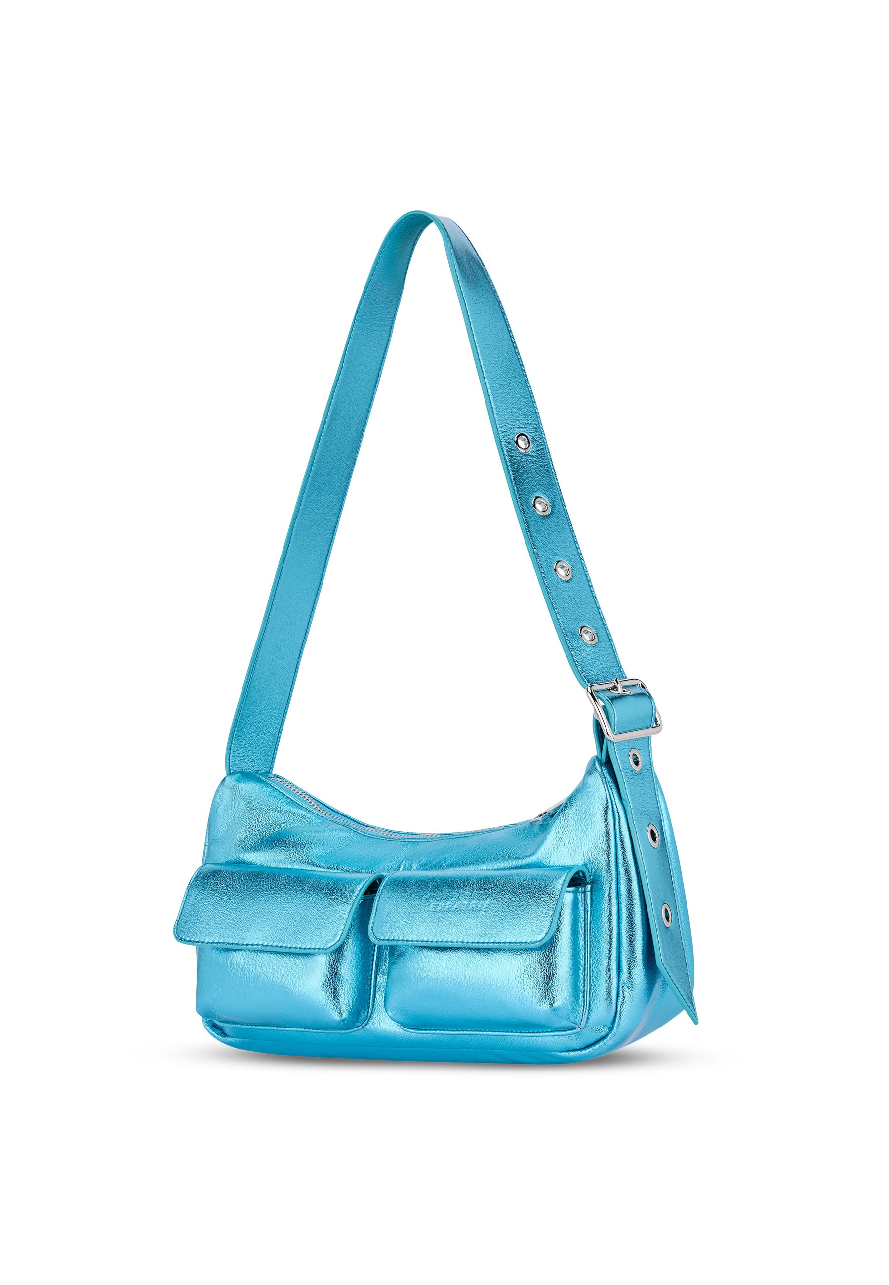 Metallisch blaue Handtasche 'ELECTRA' mit verstellbarem Schulterriemen und zwei vorderen Taschen