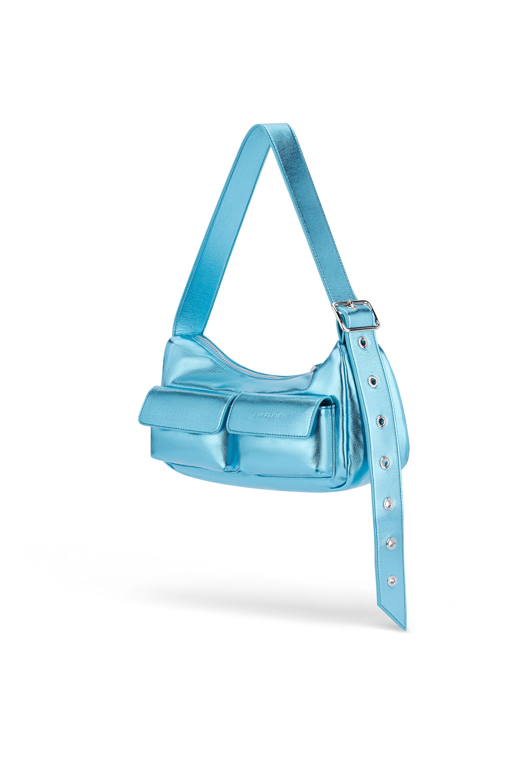 Metallic blaue Handtasche ELECTRA mit zwei Fronttaschen und verstellbarem breitem Gurt