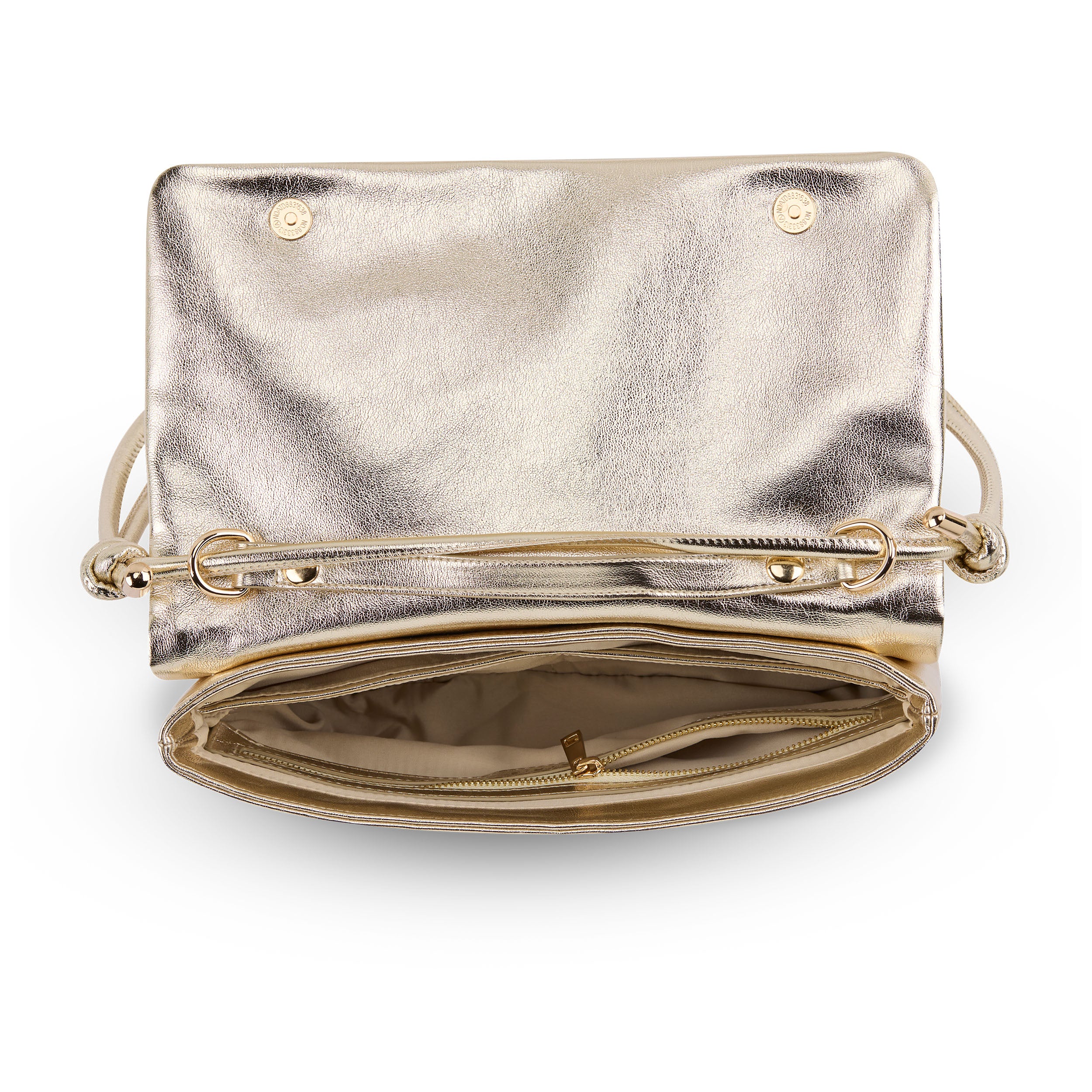 Goldfarbene Handtasche Clutch Juliette mit geöffnetem Reißverschlussfach von oben