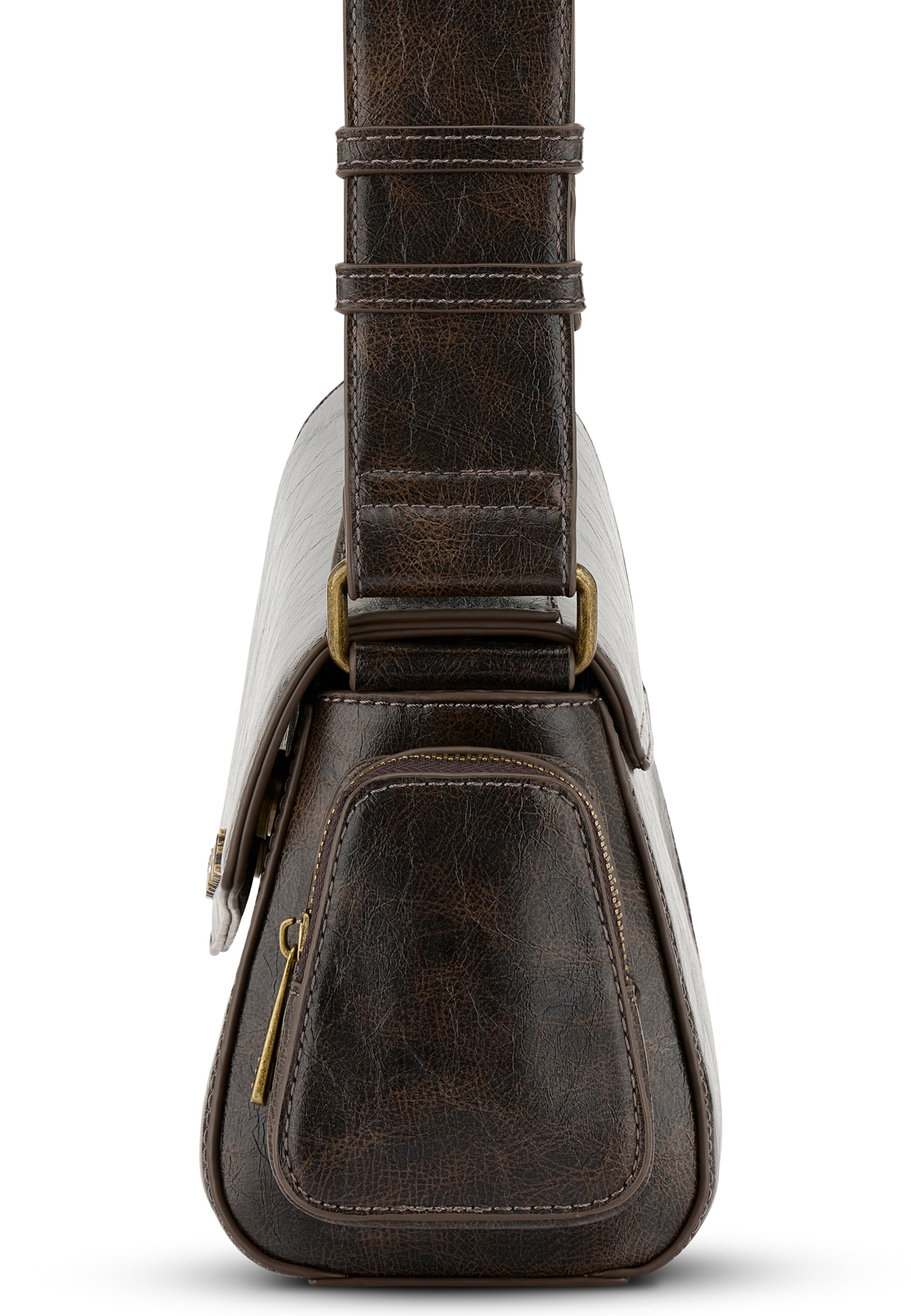 Seitliche Ansicht der braunen HUNTER Handtasche aus Leder mit Reißverschlusstasche und verstellbarem Riemen