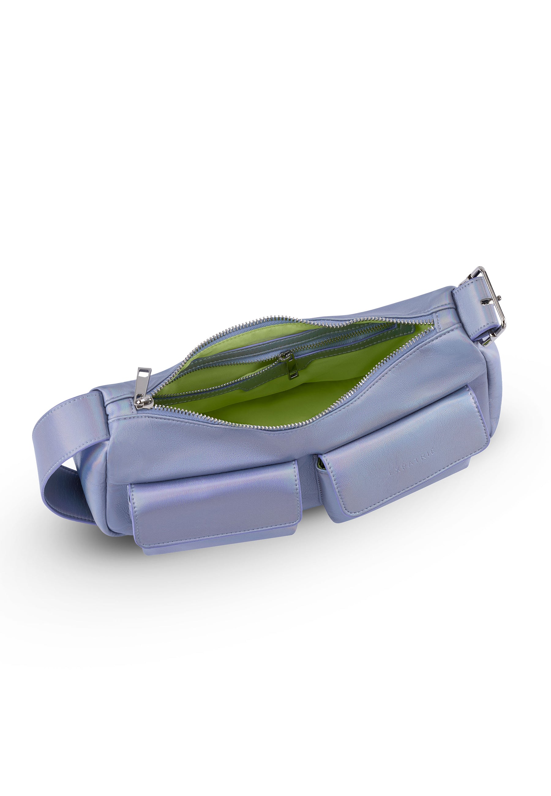 Lavendelfarbene Handtasche ELECTRA mit zwei Außentaschen und grünem Innenfutter