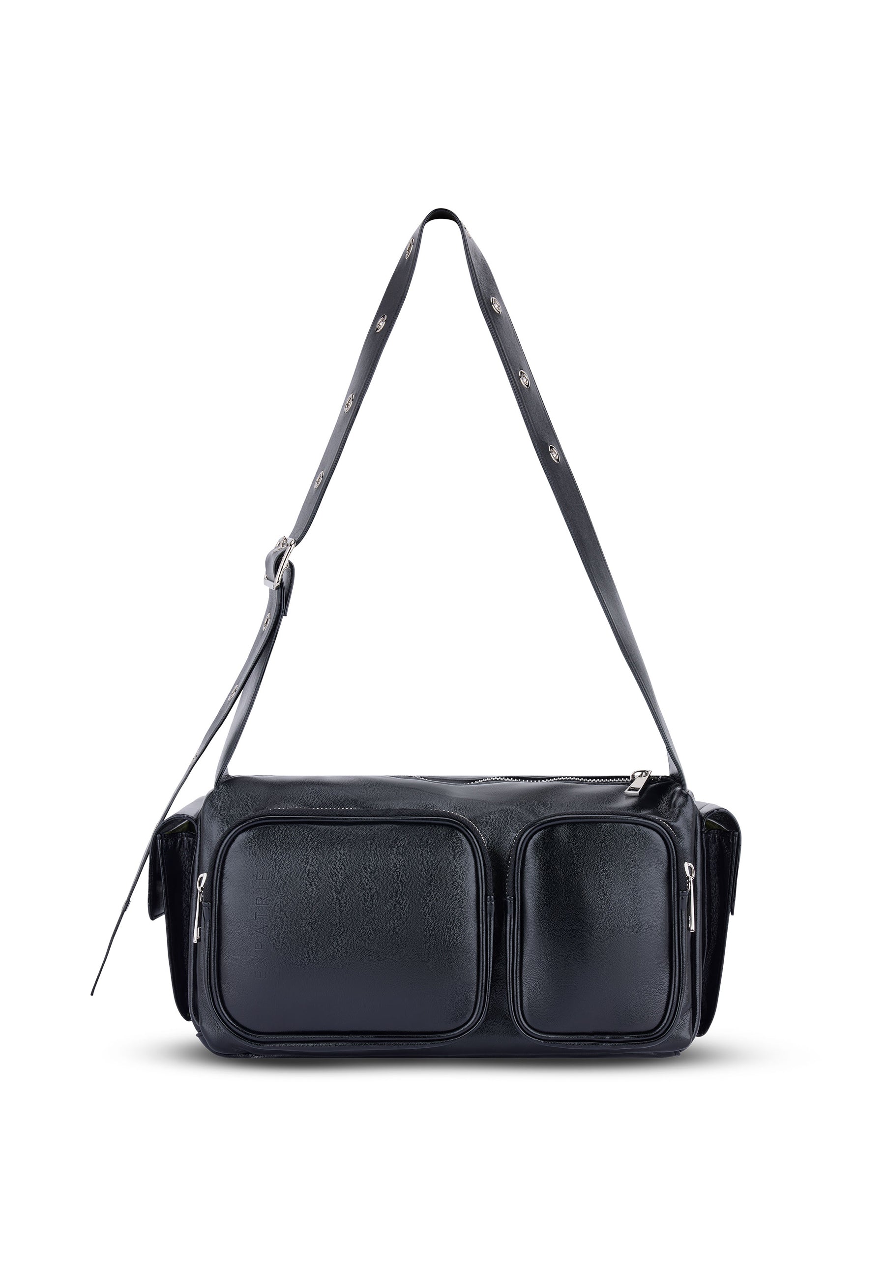 Schwarze STELLA Schultertasche mit zwei vorderen Reißverschlusstaschen und verstellbarem Schultergurt