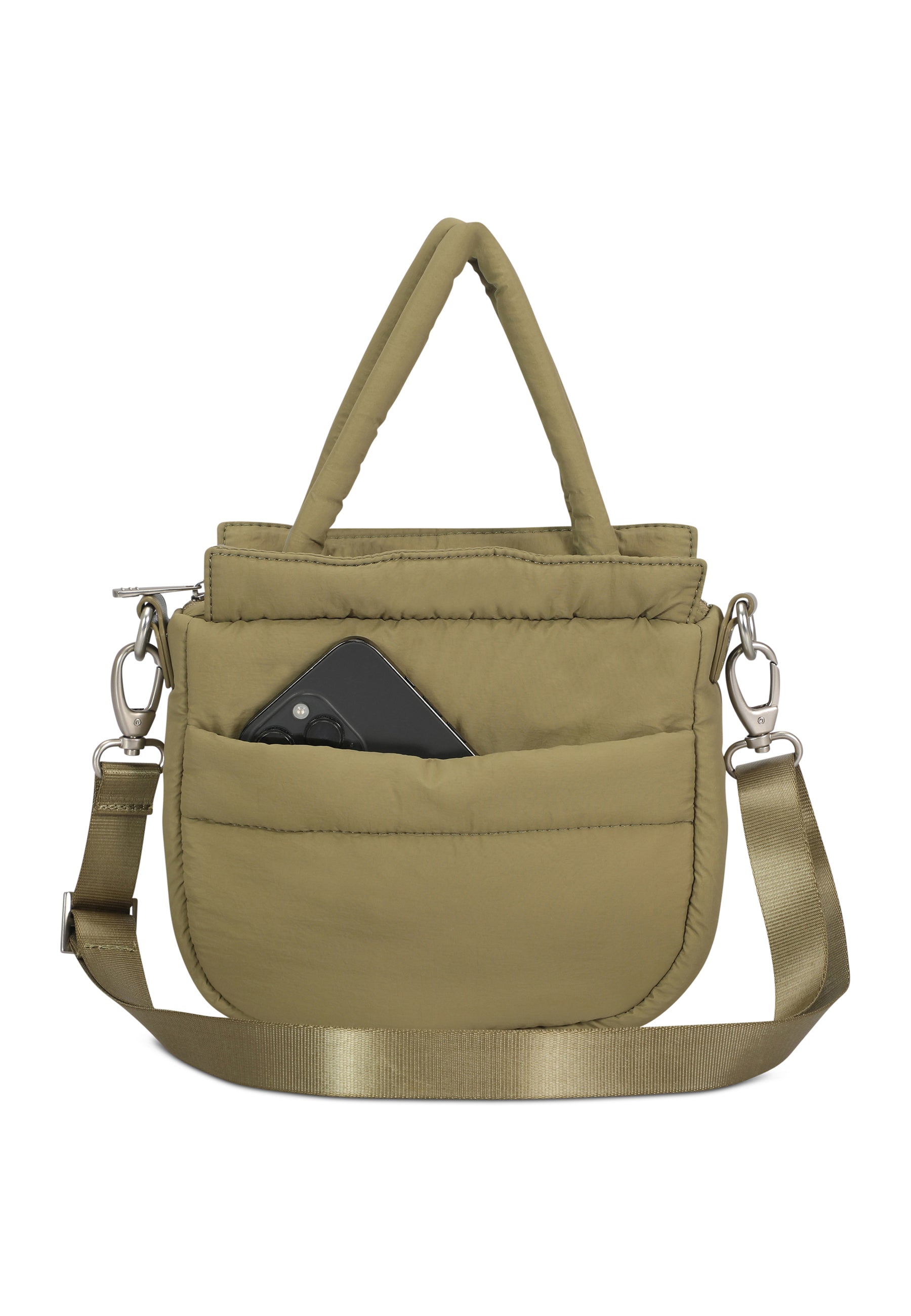 Olivefarbene Handtasche 'Poppy Small' mit kurzem Griff, Schulterriemen und Smartphone-Fach