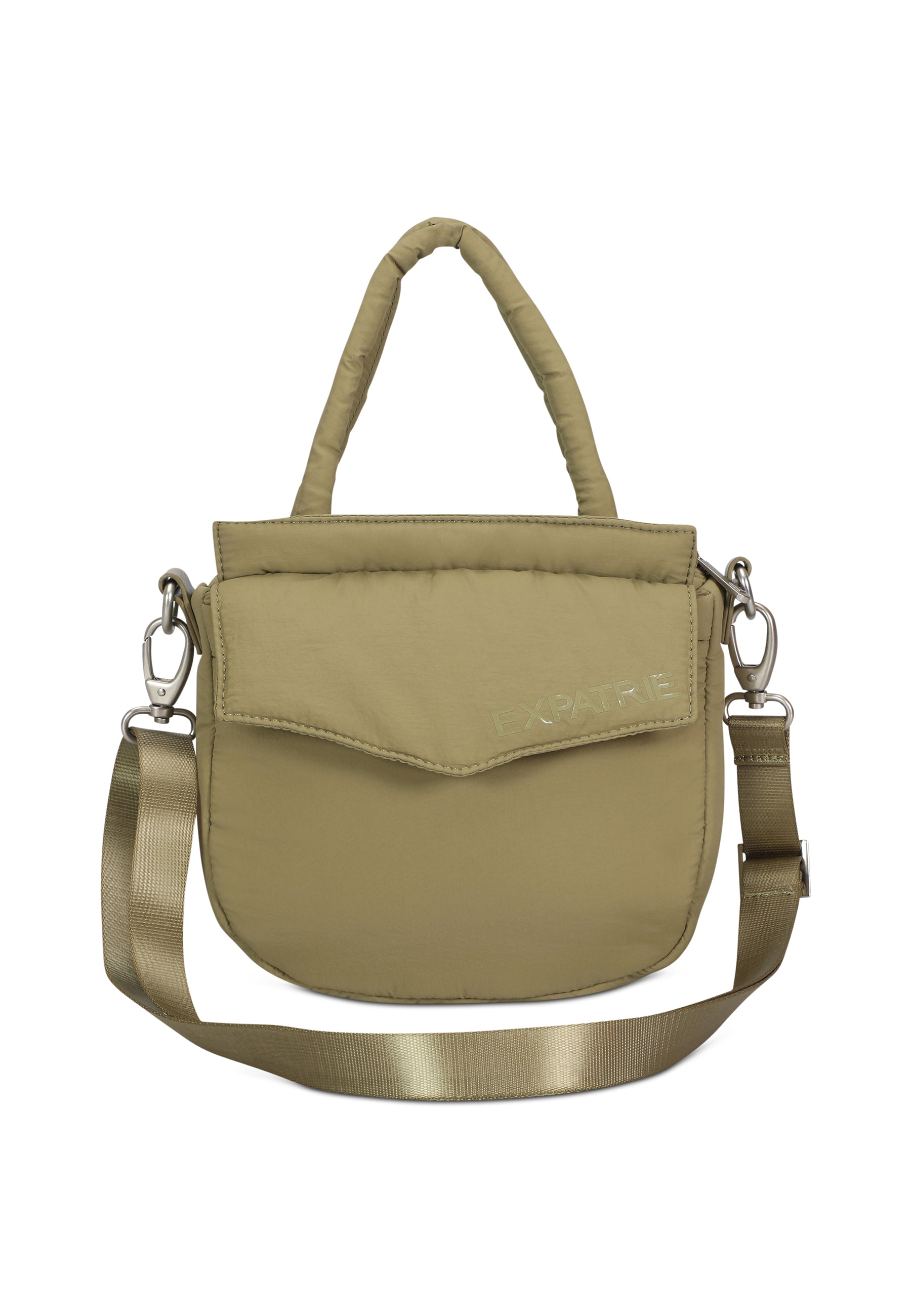 Olivefarbene POPPY SMALL Handtasche mit kurzem Griff und abnehmbarem Schultergurt aus weichem Material
