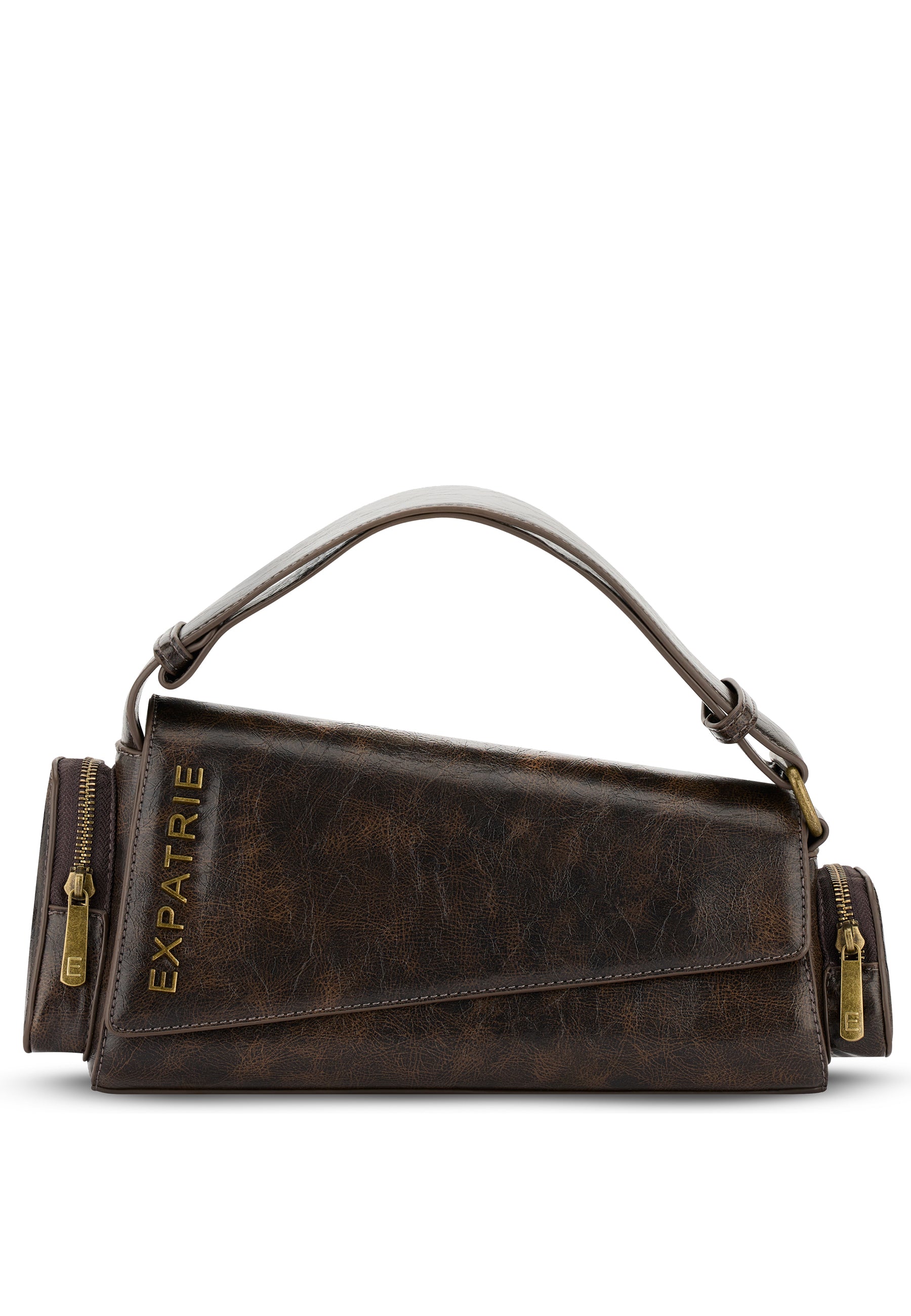 Dunkelbraune Vintage-Handtasche 'GRACE' mit goldfarbenem 'EXPATRIE' Schriftzug und zwei seitlichen Reißverschlussfächern