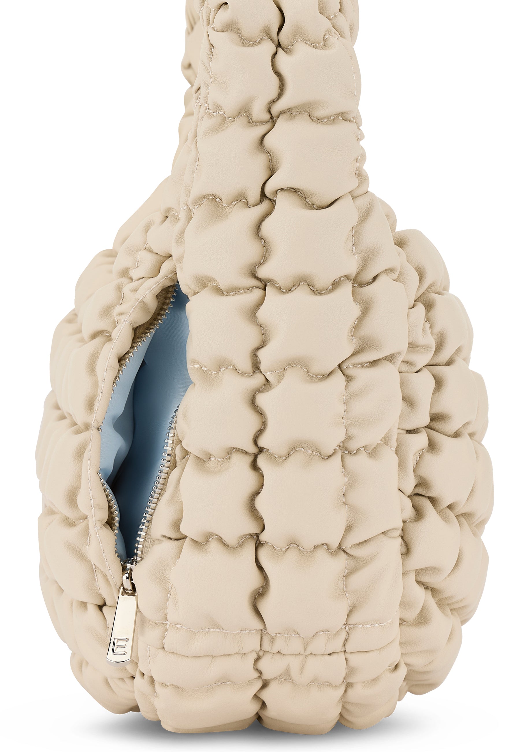 Beige gestepptes PIPPA LARGE Handtasche mit silbernem Reißverschluss und hellblauem Innenfutter