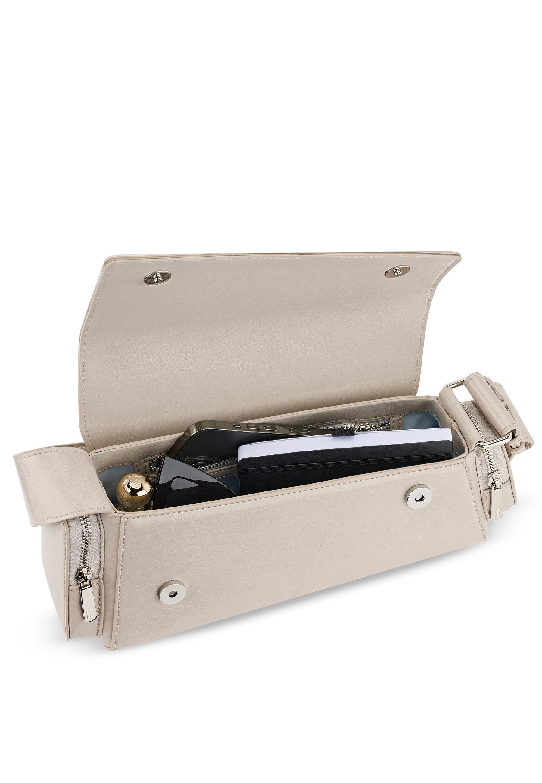 Beige große Grace Handtasche mit offenem Hauptfach, gefüllt mit verschiedenen Alltagsgegenständen