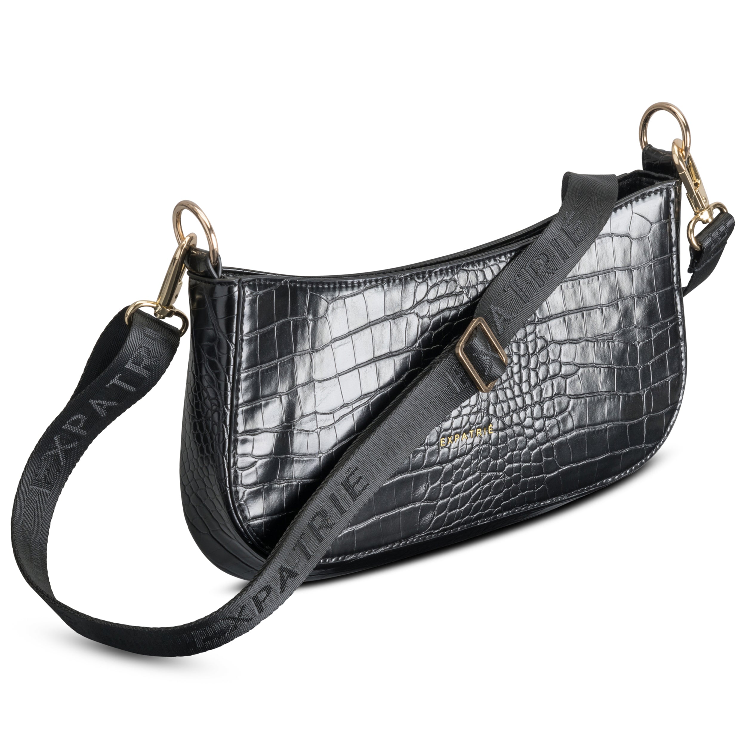 Schwarze Handtasche Féline mit Kroko-Prägung und verstellbarem schwarzen Textilgurt mit 'Expatrié' Schriftzug