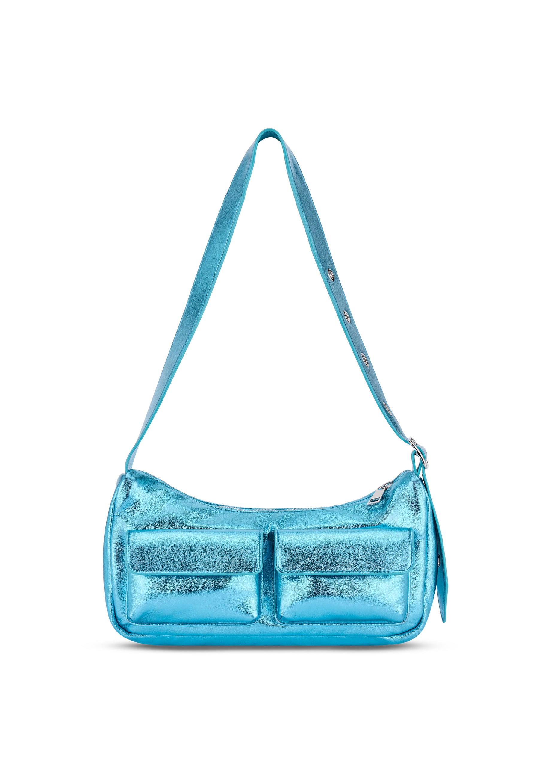 Blaue metallic ELECTRA Handtasche von Expatrié mit verstellbarem Schulterriemen und zwei Vorderfächern