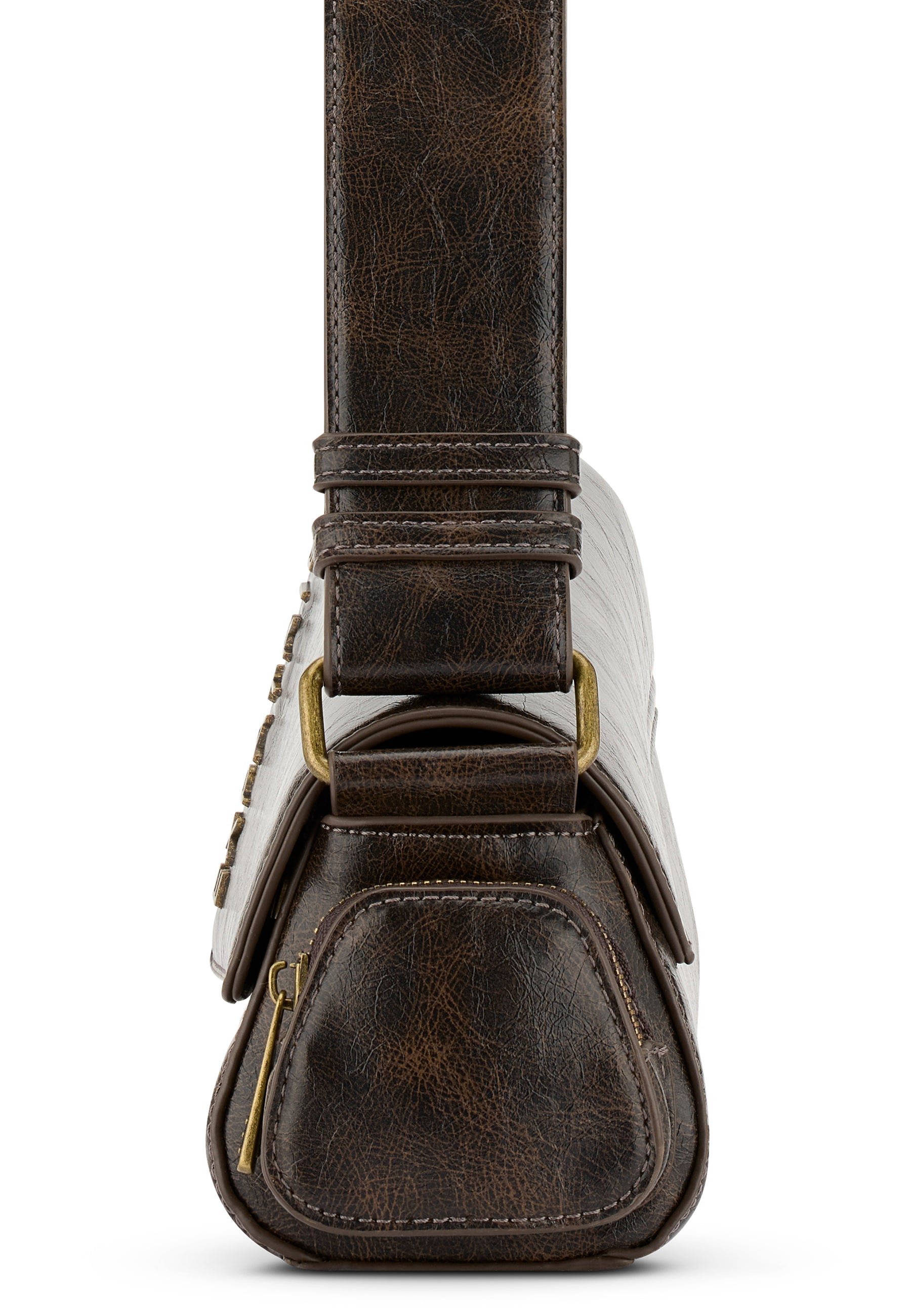 Seitenansicht der GRACE Handtasche aus braunem Vintage-Leder mit Reißverschlusstasche und breitem Träger