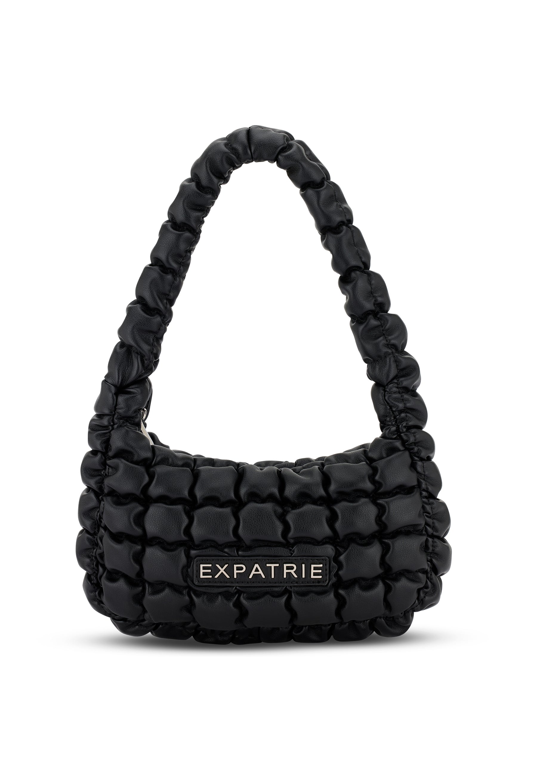 Schwarze gesteppte PIPPA SMALL Handtasche mit gefaltetem Griff und 'EXPATRIE' Logo vorne