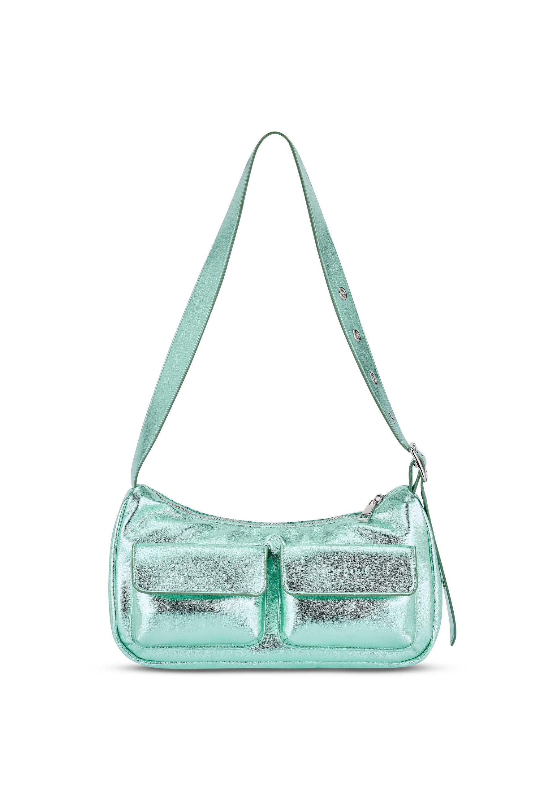 ELECTRA Handtasche in metallic grün mit zwei aufgesetzten Taschen und verstellbarem Schulterriemen